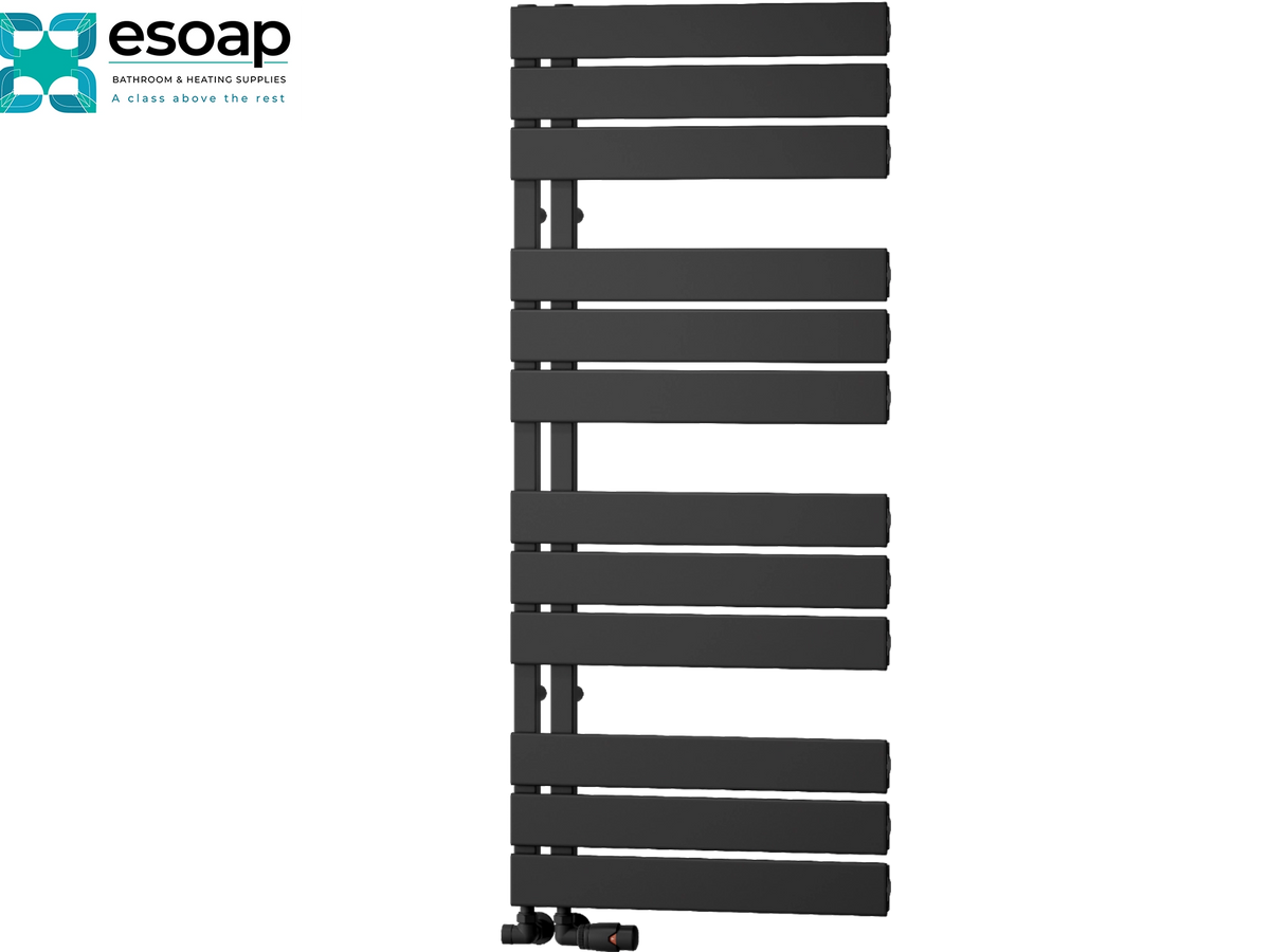 A tall, modern black heated towel rail with horizontal bars, shown against a plain white background with the Esoap brand logo in the top-left corner. Reina Vada 1190x500 Black Designer Radiator