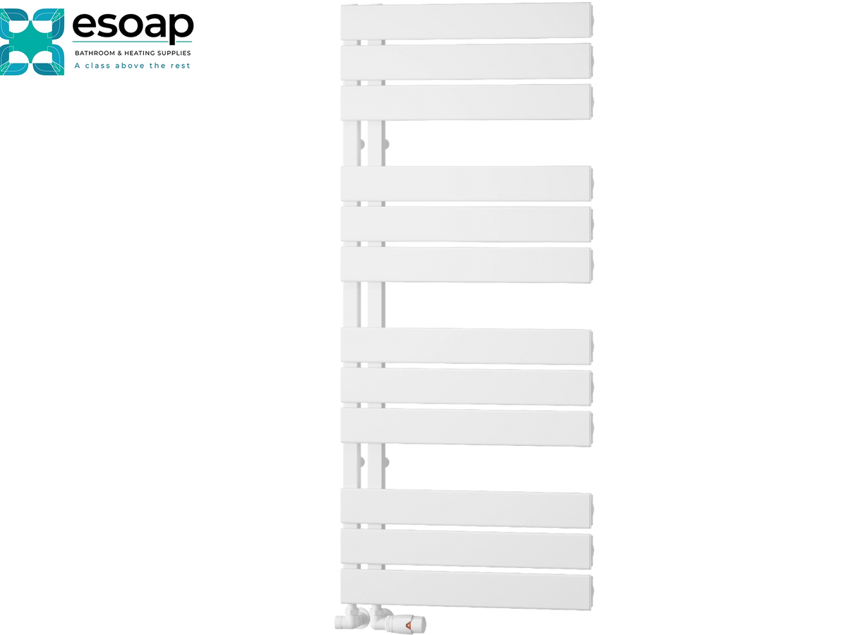 White heated towel radiator with horizontal bars, shown on a white background with the Esoap logo in the top-left corner. Reina Vada 1190x500 White Designer Radiator
