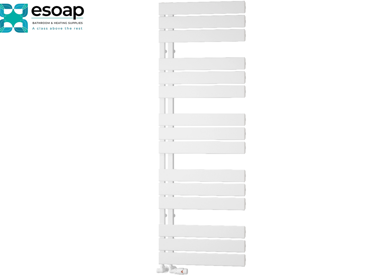 White heated towel rail with horizontal bars, shown against a plain white background with the Esoap brand logo in the top-left corner. Reina Vada 1510x500 White Designer Radiator
