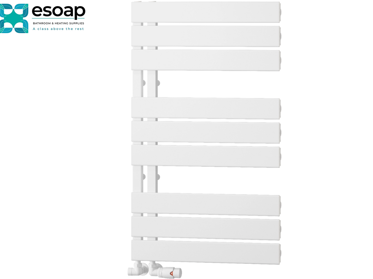 White heated towel radiator with horizontal bars and a bottom-mounted cold water inlet, shown on a plain white background with the Esoap logo in the top-left corner. Reina Vada 870x500 White Designer Radiator