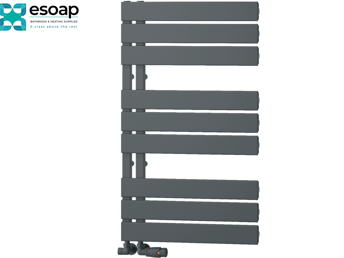 A dark gray heated towel radiator with horizontal bars and a bottom-mounted cold water inlet, shown on a plain white background with the Esoap logo in the top-left corner. Reina Vada 870x500 Anthracite Designer Radiator