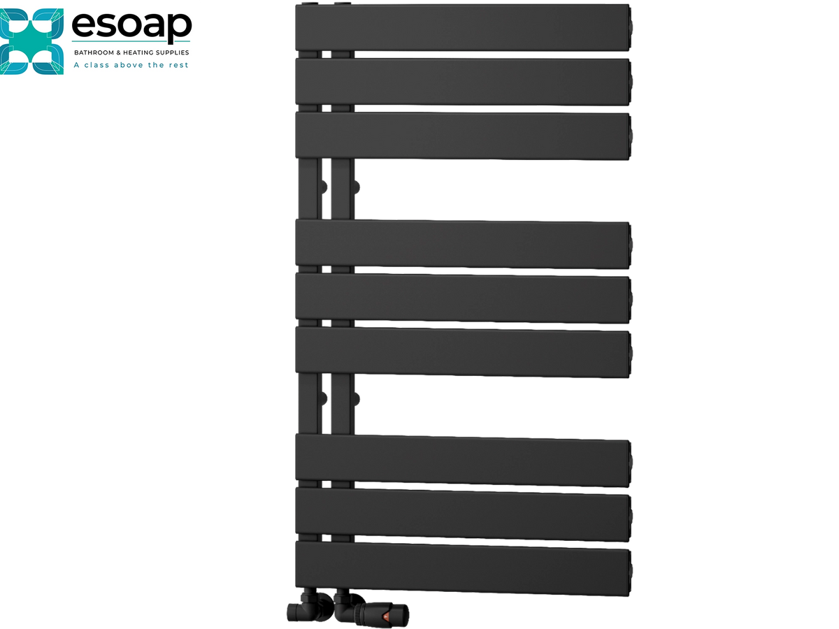 A dark gray heated towel radiator with horizontal bars, shown on a plain white background with the Esoap brand logo in the top-left corner. Reina Vada 870x500 Black Designer Radiator
