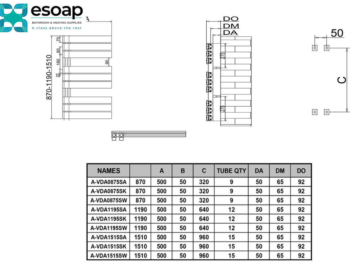 Technical specification sheet and dimension diagram for essoap tubes, showing line drawings of the product layout with measurements and a data table listing tube sizes, quantities, and dimensions. Reina Vada Designer Radiator