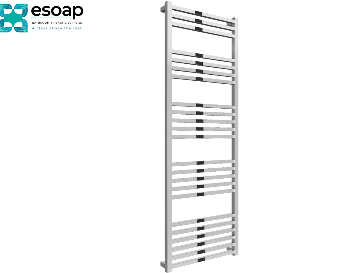 A tall, narrow white heated towel rail with multiple horizontal bars and black grip tabs, shown on a plain white background with the Esoap logo in the top-left corner Reina Vasto 1460x500 Chrome Designer Radiator