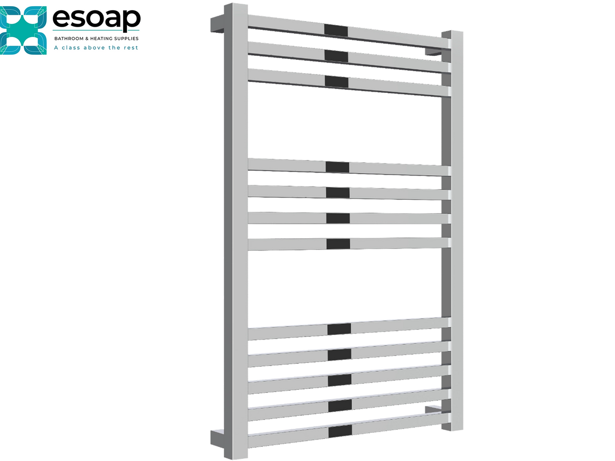 A modern silver-toned towel rail with black accent bands, shown on a plain white background with the essoap logo in the top-left corner Reina Vasto 755x500 Chrome Designer Radiator