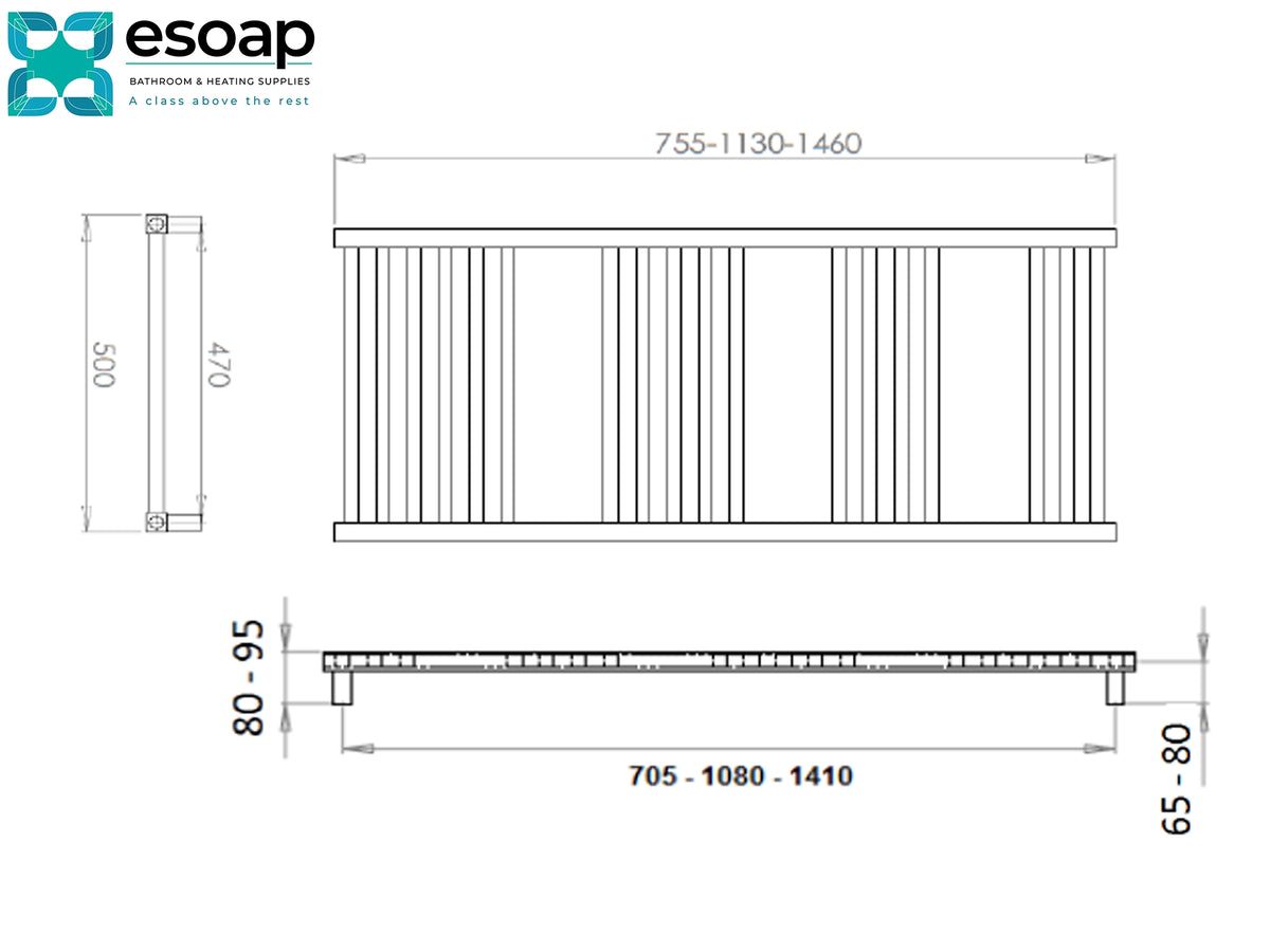Technical dimension drawing of a slatted rectangular product, likely a chair or bench, with front, side, and top views on a white background. The Esoap logo appears in the top left corner Reina Vasto Chrome Designer Radiator