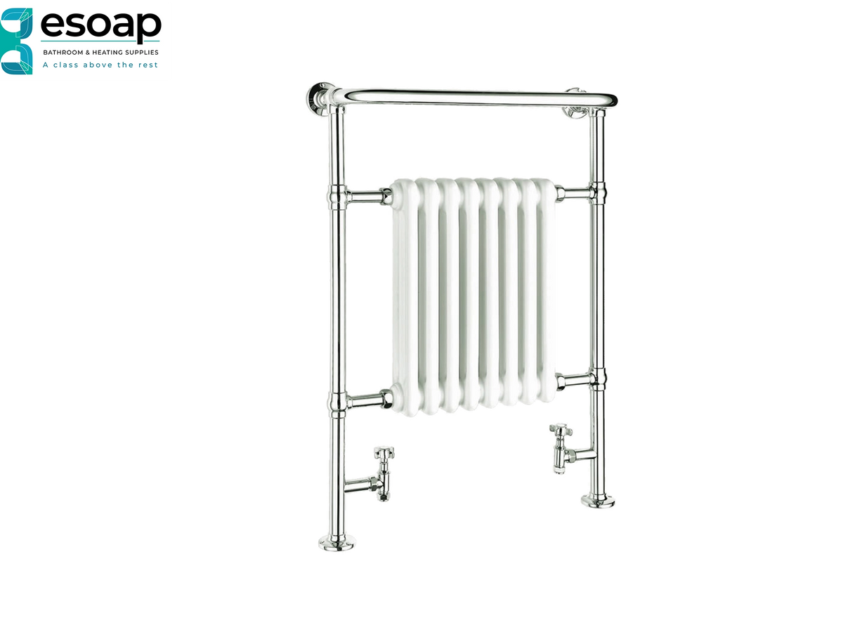 A white heated towel rail with polished chrome-finished metal supports and wall mount, shown on a plain white background with the Esoap logo in the top-left corner Reina Victoria 960x675 Chrome/White Designer Radiator