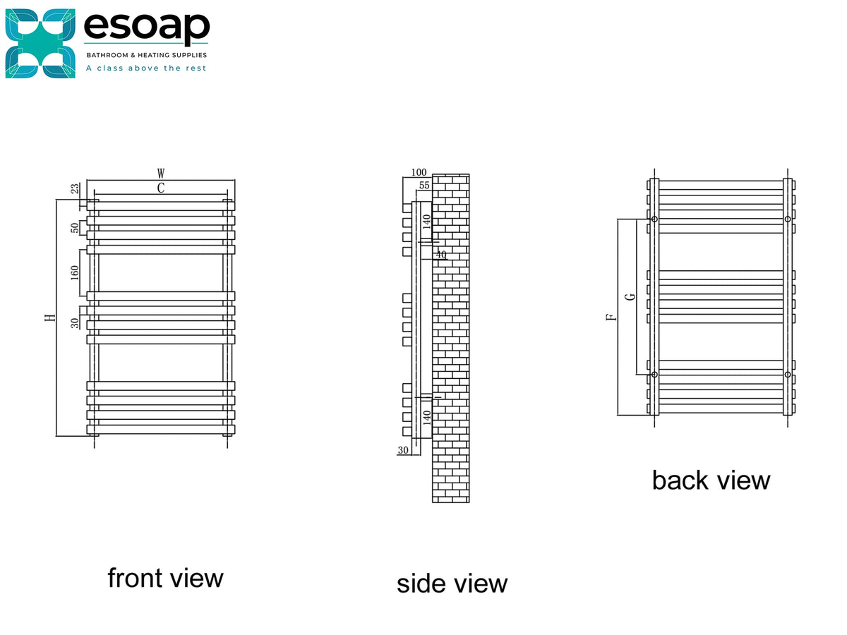 Technical dimension diagram of a wall-mounted towel radiator, showing front view, side view, and back view with labeled measurements on a white background. The Esoap logo appears in the top left corner Reina Kale Designer Radiator