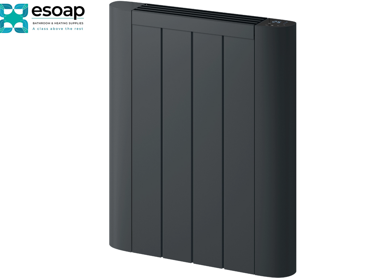 A dark gray vertical panel heater with a sleek, modern design, shown on a plain white background with an Esoap logo in the top-left corner. Reina Serre 580x480 Anthracite Designer Radiator