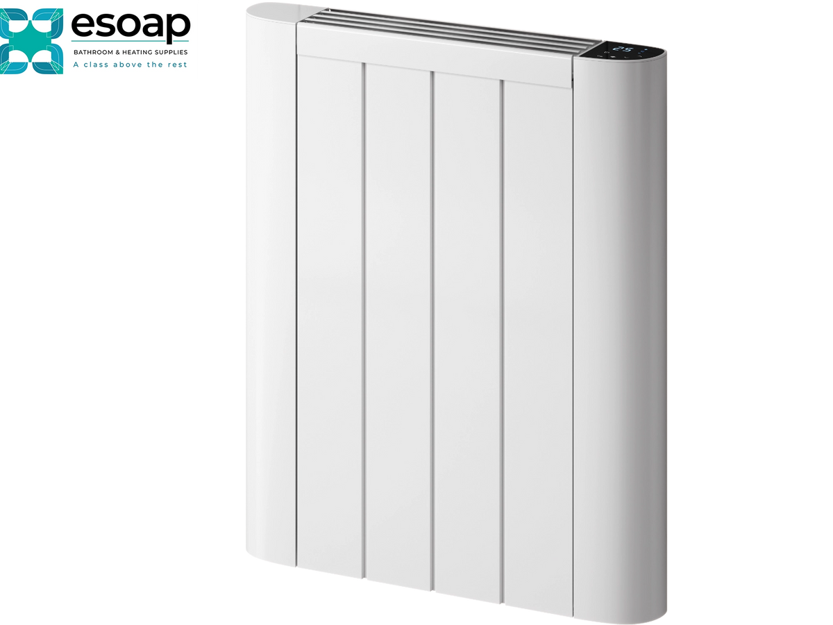 A white panel heater with vertical fins and a top vent, shown on a white background with the essoap logo in the top-left corner. Reina Serre 580x480 White Designer Radiator