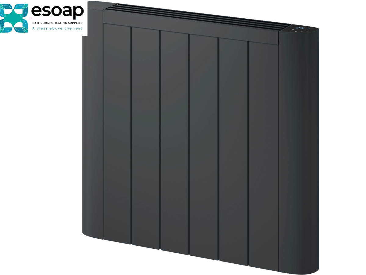 A dark gray vertical panel heater with a sleek, modern design, shown at an angle on a white background with an Esoap logo in the top-left corner. Reina Serre 580x640 Anthracite Designer Radiator