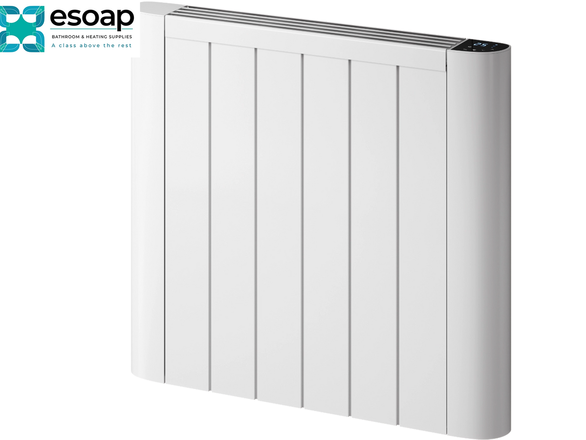 A white panel radiators with a vertical fluted design and a top control panel, shown on a white background with an Esoap logo in the top-left corner. Reina Serre 580x640 White Designer Radiator