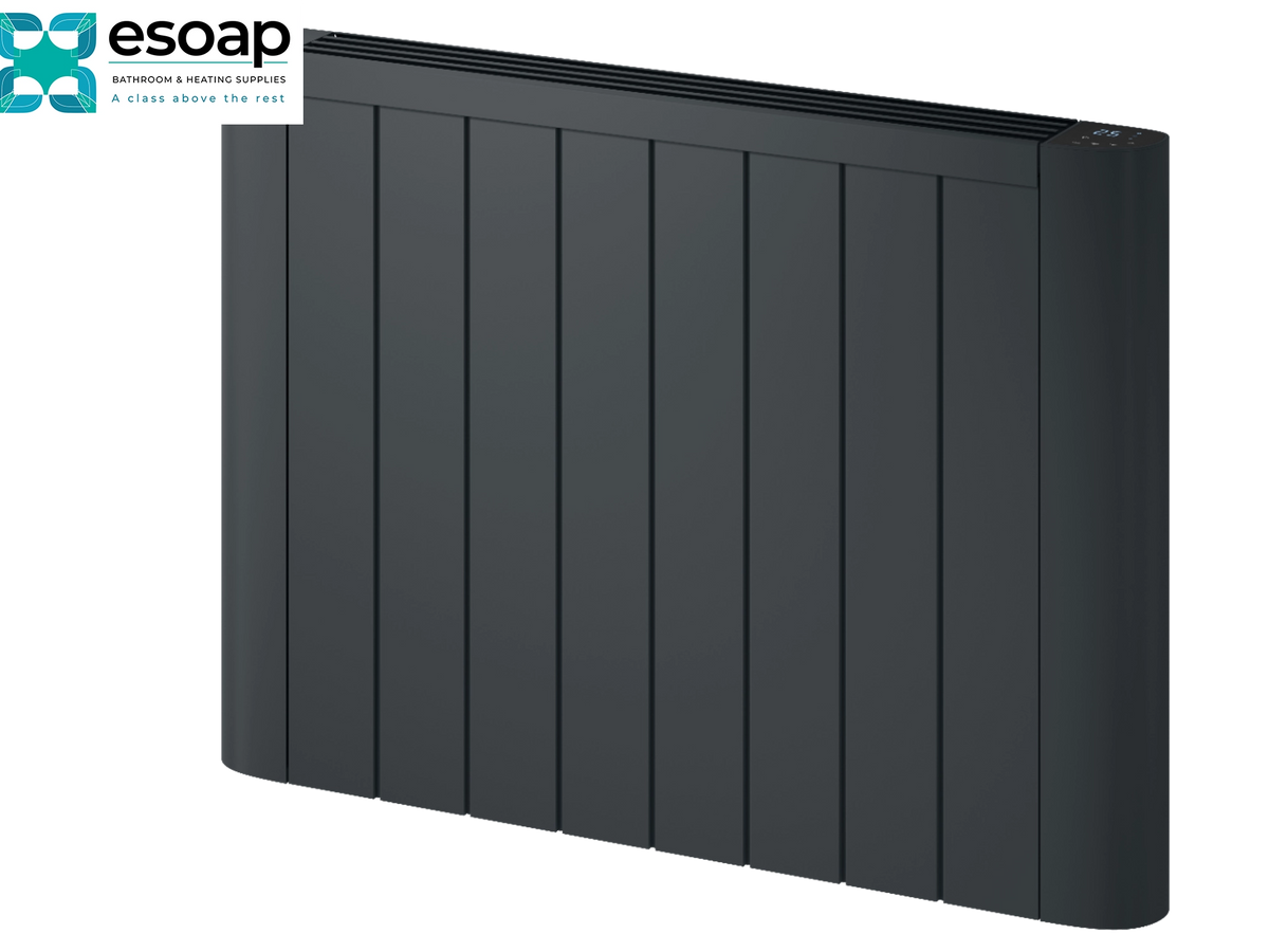 A dark gray vertical panel electric radiator shown at an angle on a white background, with an Esoap logo overlay in the top-left corner. Reina Serre 580x800 Anthracite Designer Radiator