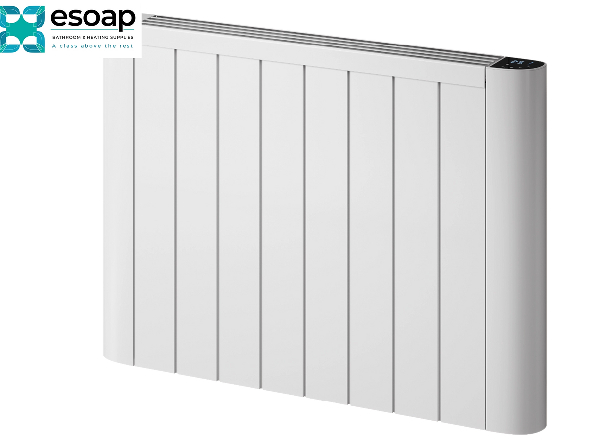 A white panel radiators with a vertical slatted design, shown at an angle on a white background with an Esoap certification logo in the top-left corner. Reina Serre 580x800 White Designer Radiator