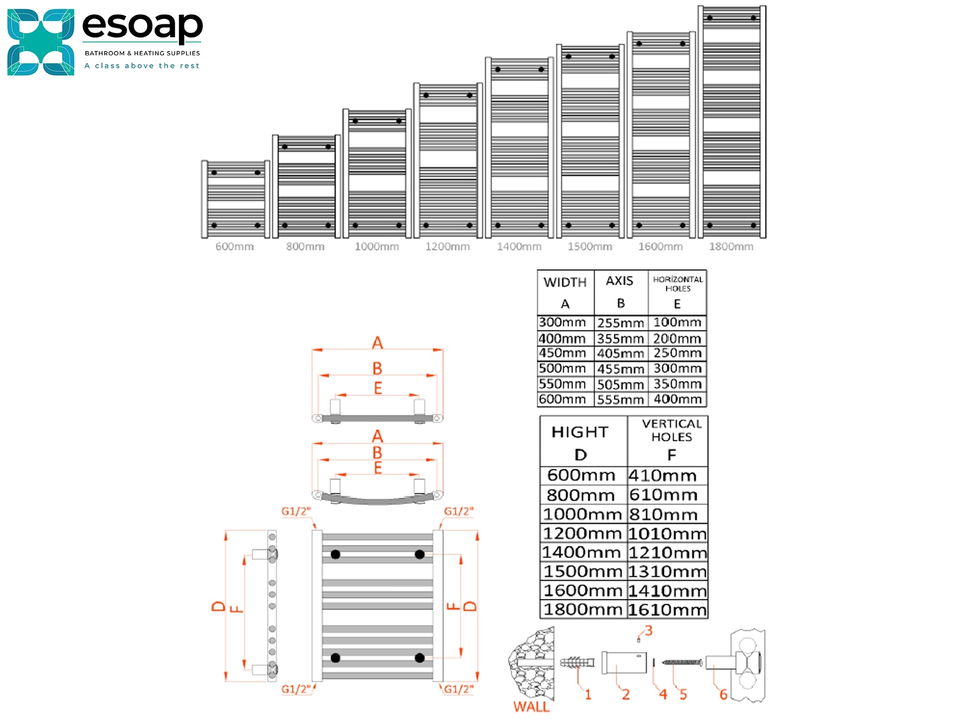 Technical drawing of a Reina Diva Curved 1200 x 500 Chrome Towel Rail with dimensions and specifications, featuring the Esoap brand.