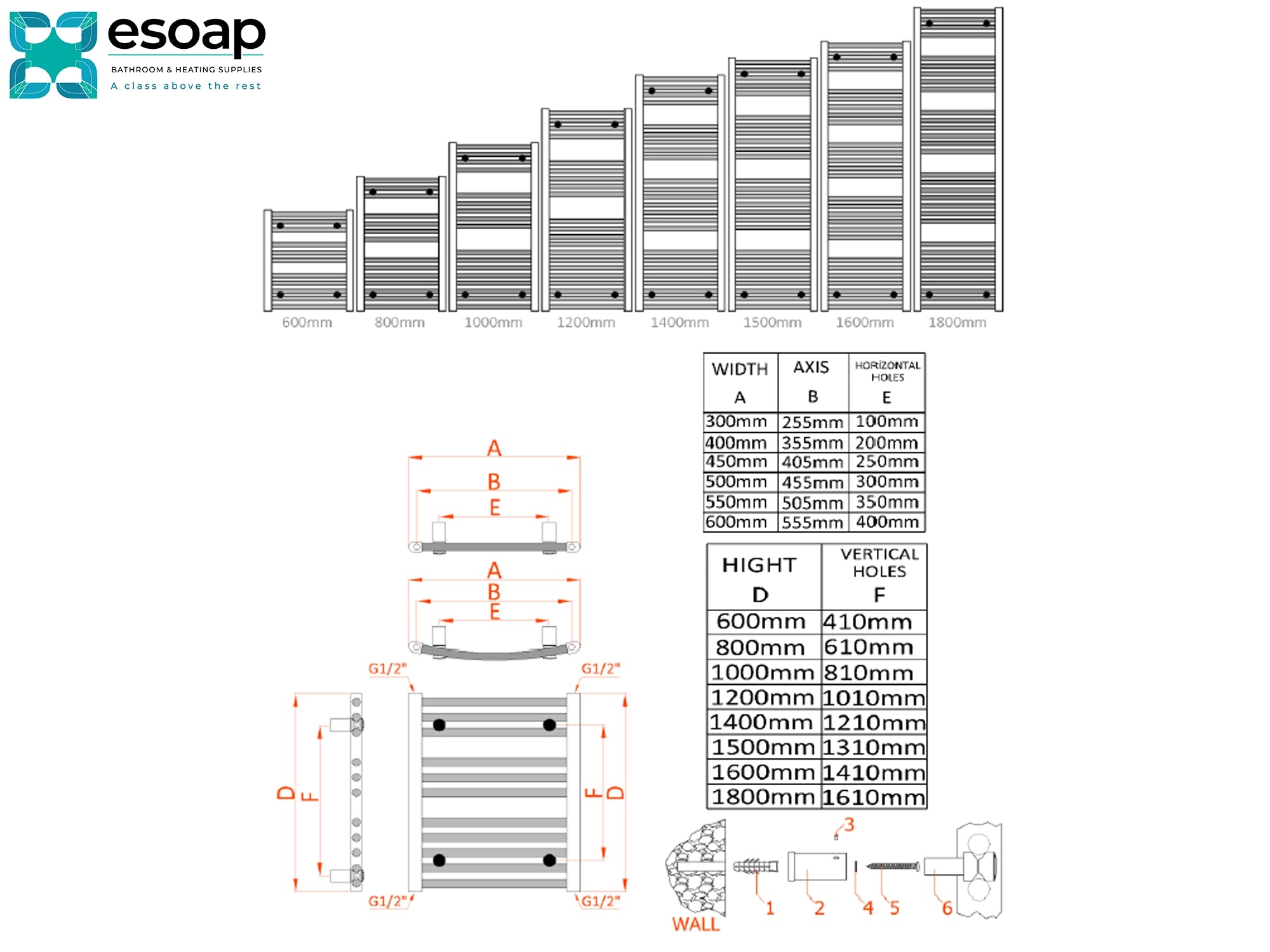 Technical drawing of a Reina Diva Curved 1200 x 500 Chrome Towel Rail with dimensions and specifications, featuring the Esoap brand.