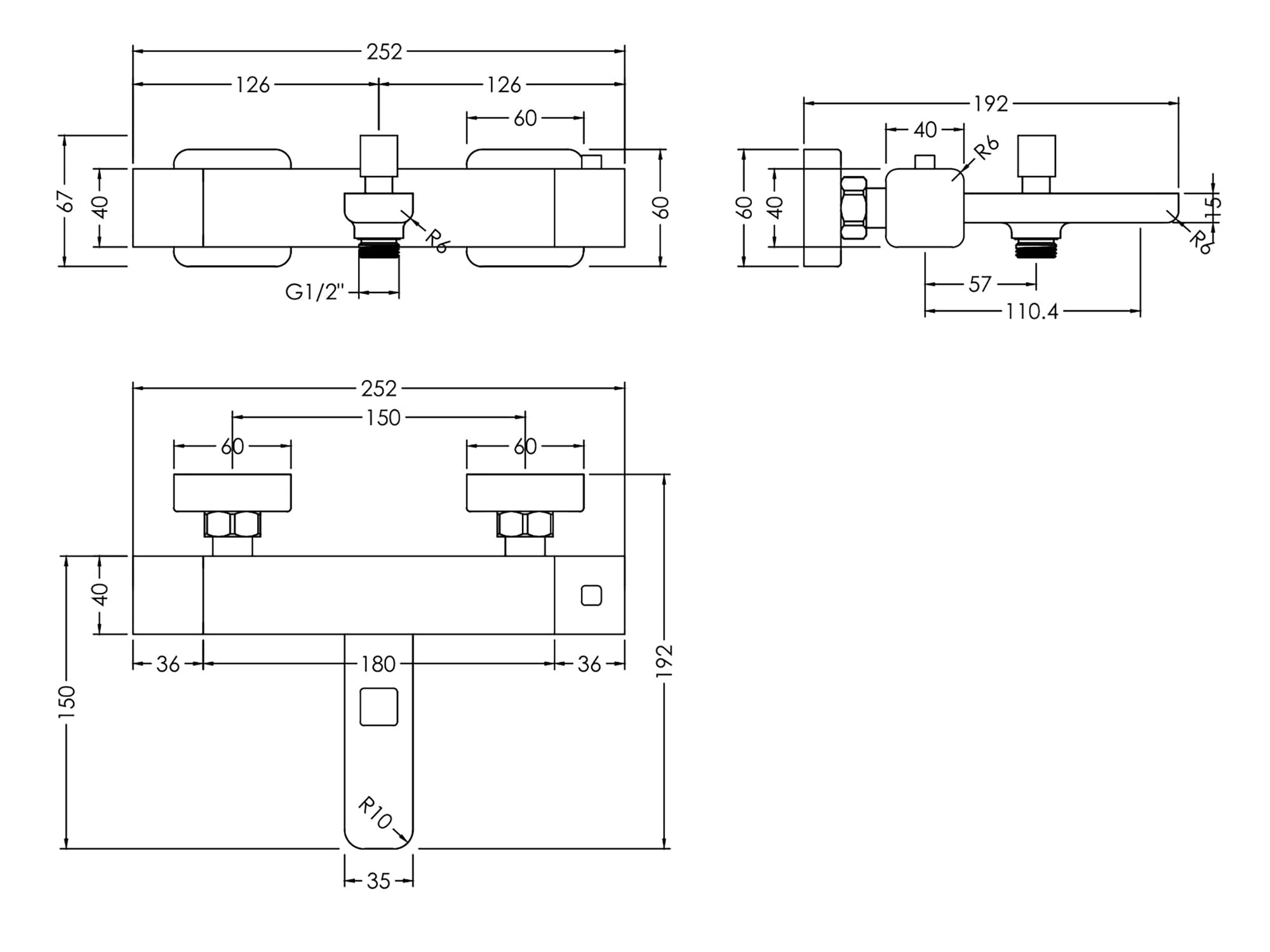 drawing for Nuie Windon square chrome thermostatic bath shower mixer on tiled wall