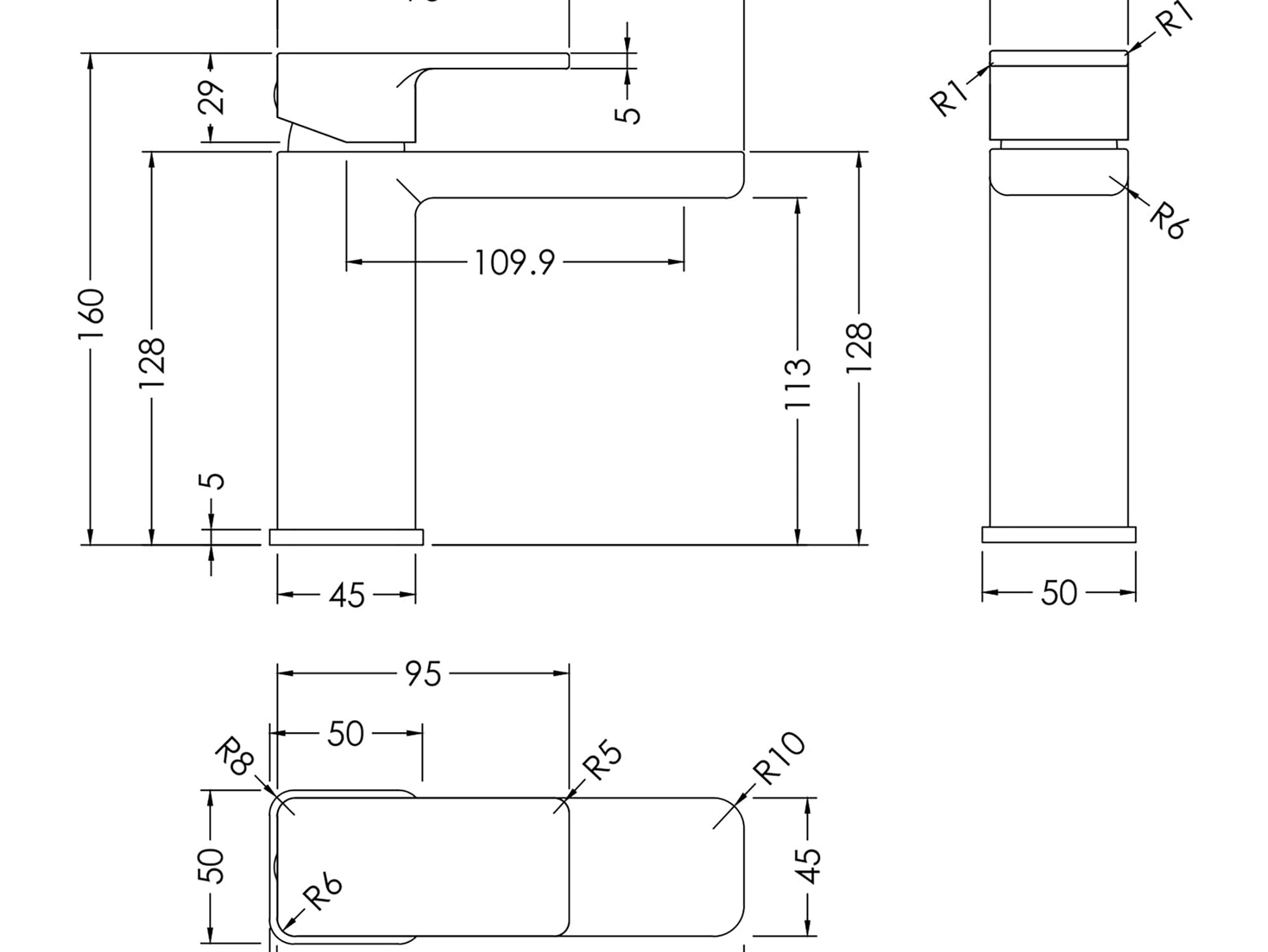 Technical illustration of a Brushed Bronze Mono Basin Mixer Tap