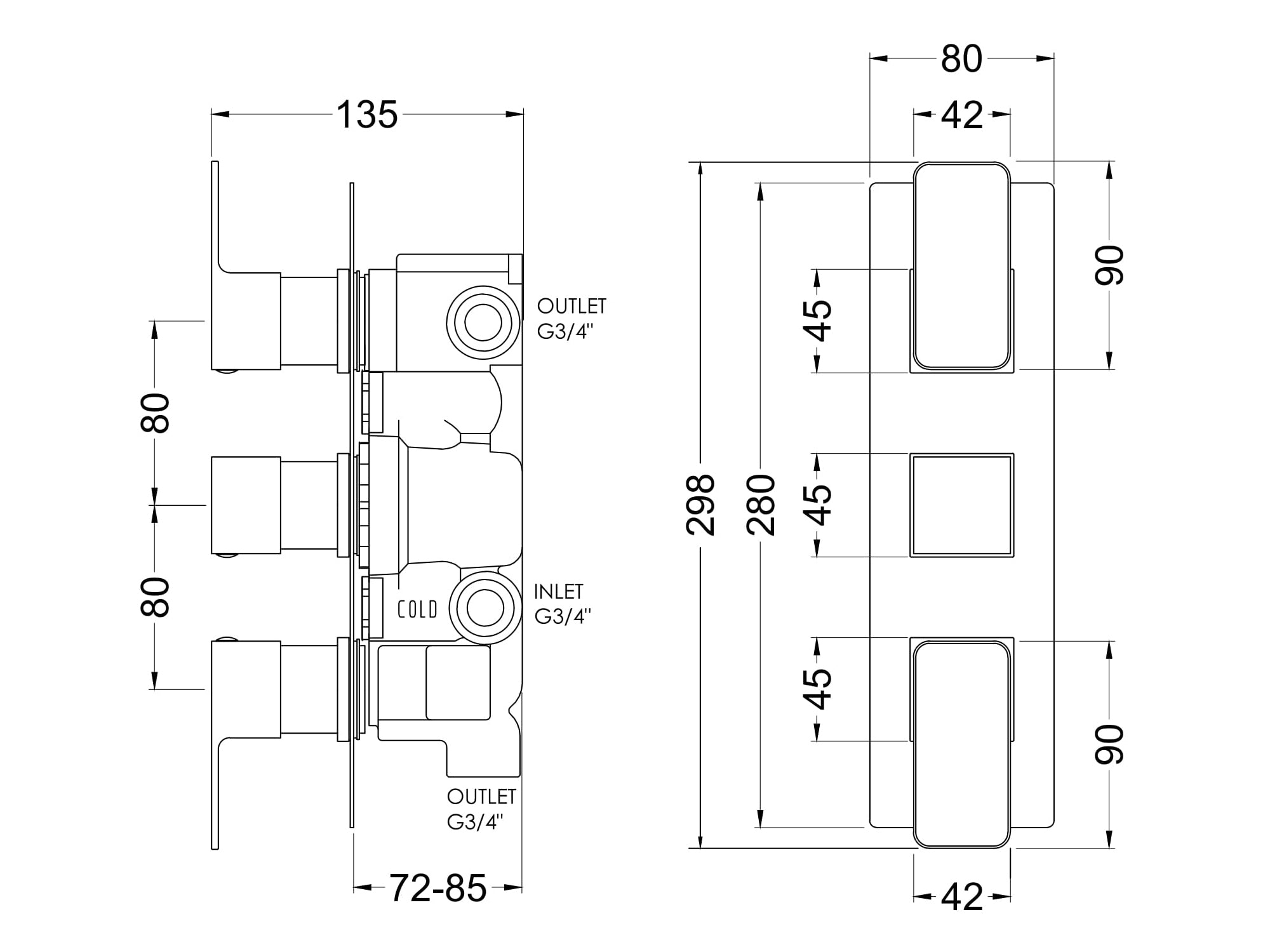 Nuie Windon Triple Thermostatic Valve with Diverter - Brushed Bronze