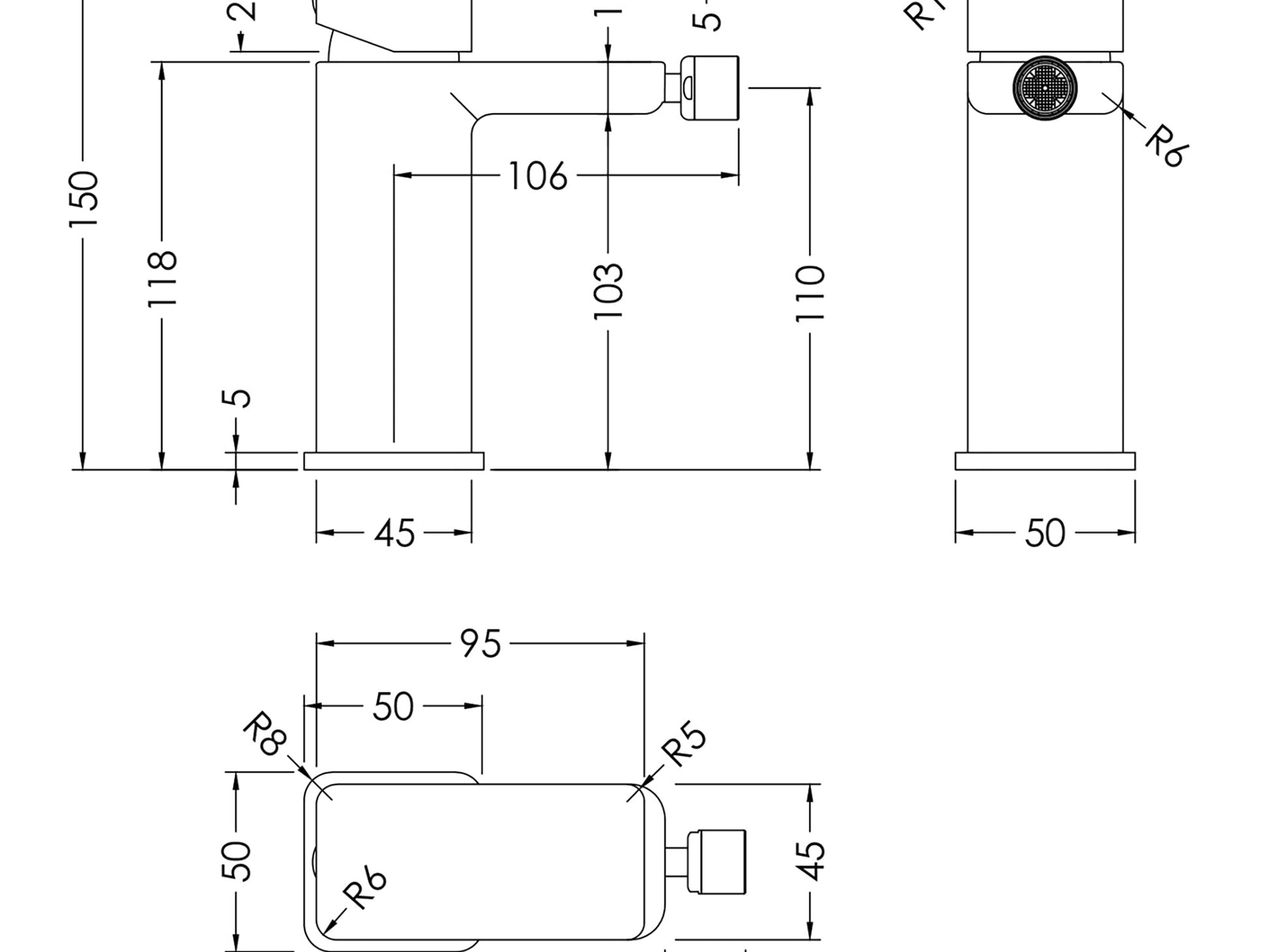 Technical diagram for UK chrome mono bidet tap with pop up wate.