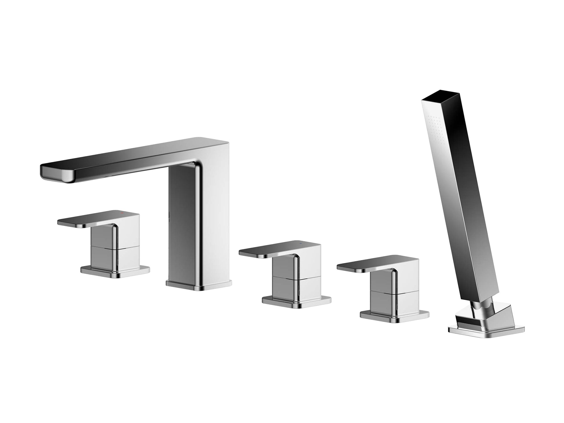 Deck-mounted bath tap set with dual lever handles and pull-out handset