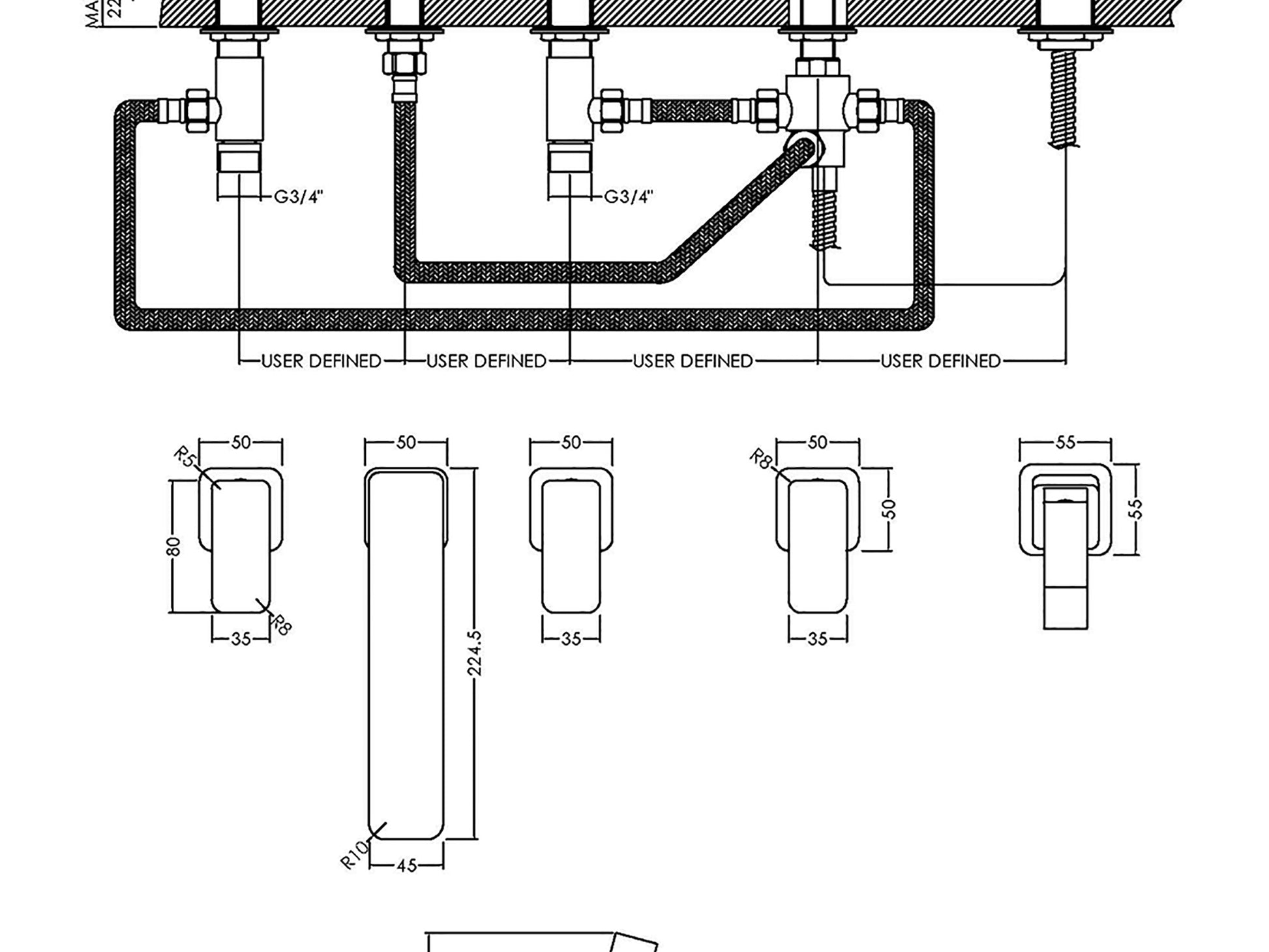 drawing of Deck-mounted bath tap set with dual lever handles and pull-out handset