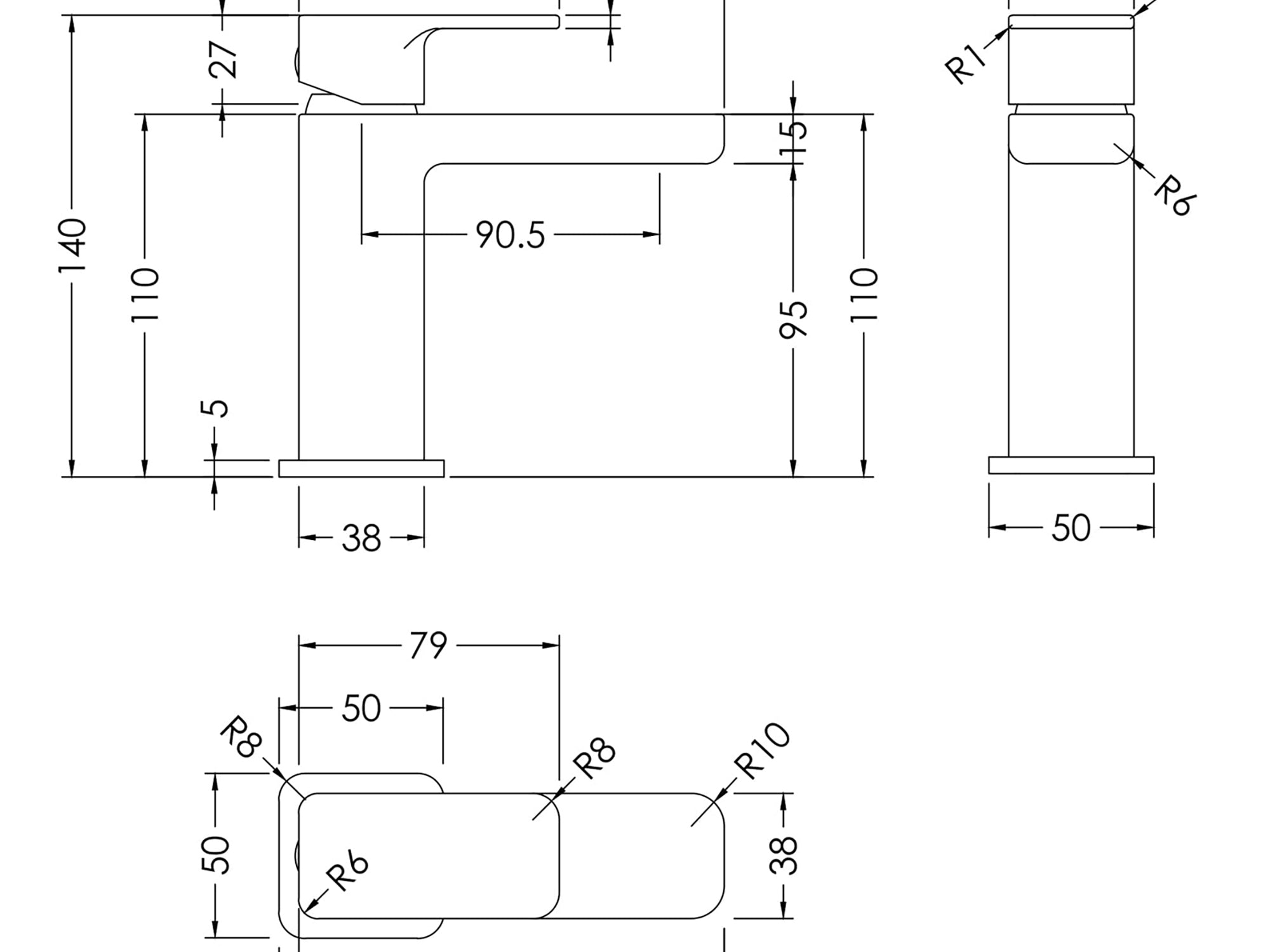 Installation diagram for a Chrome Mini Basin Mixer Tap, with measurements suitable for compact UK basins.
