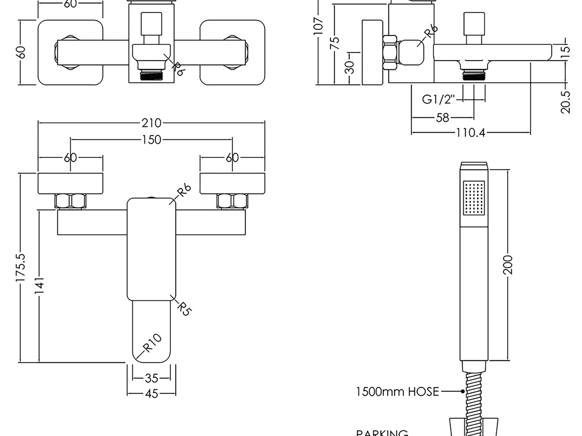 drawings for Nuie Windon wall-mounted chrome bath shower mixer with handheld kit