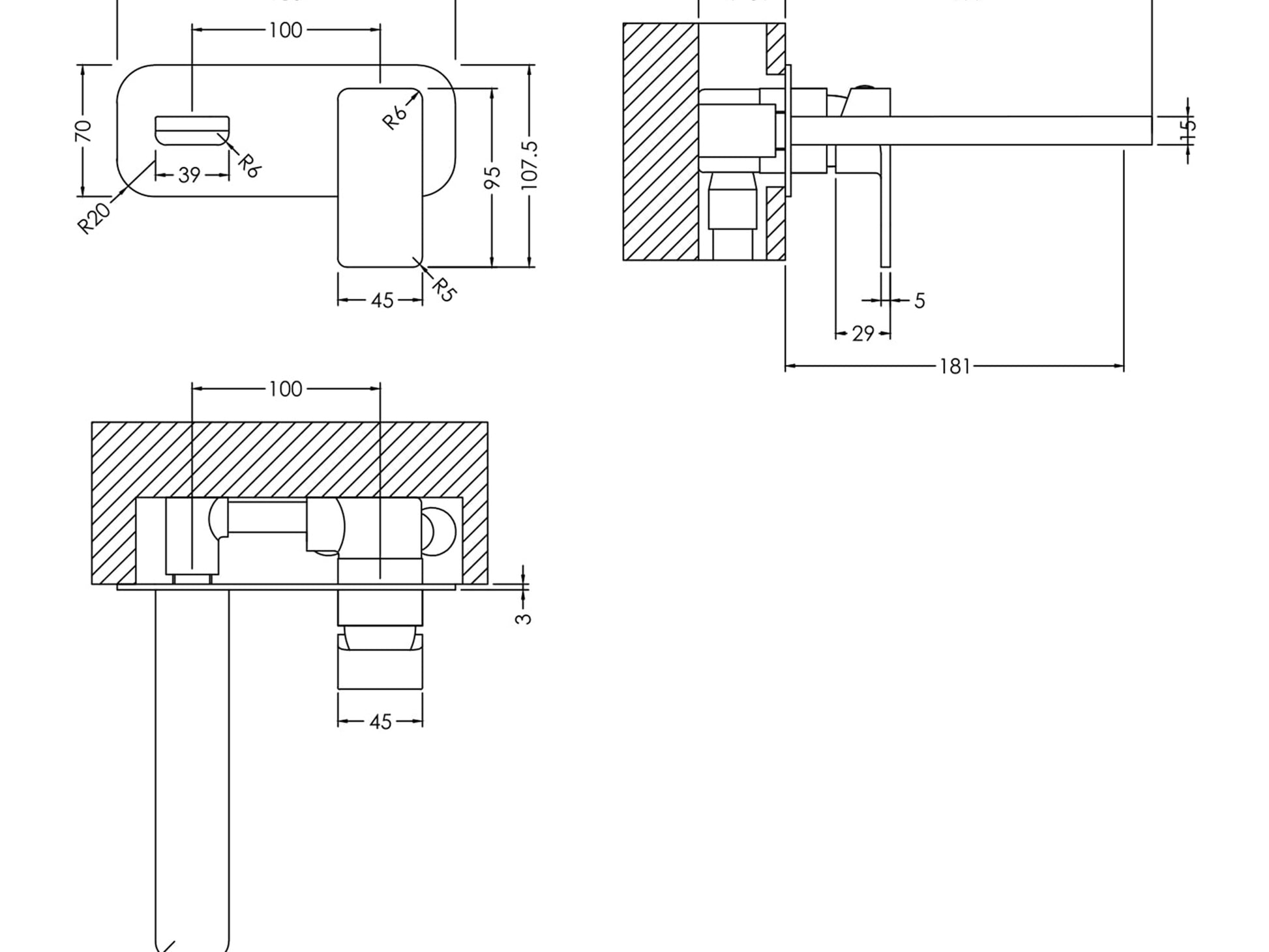 Technical drawing Nuie chrome wall-mounted basin mixer tap with backplate
