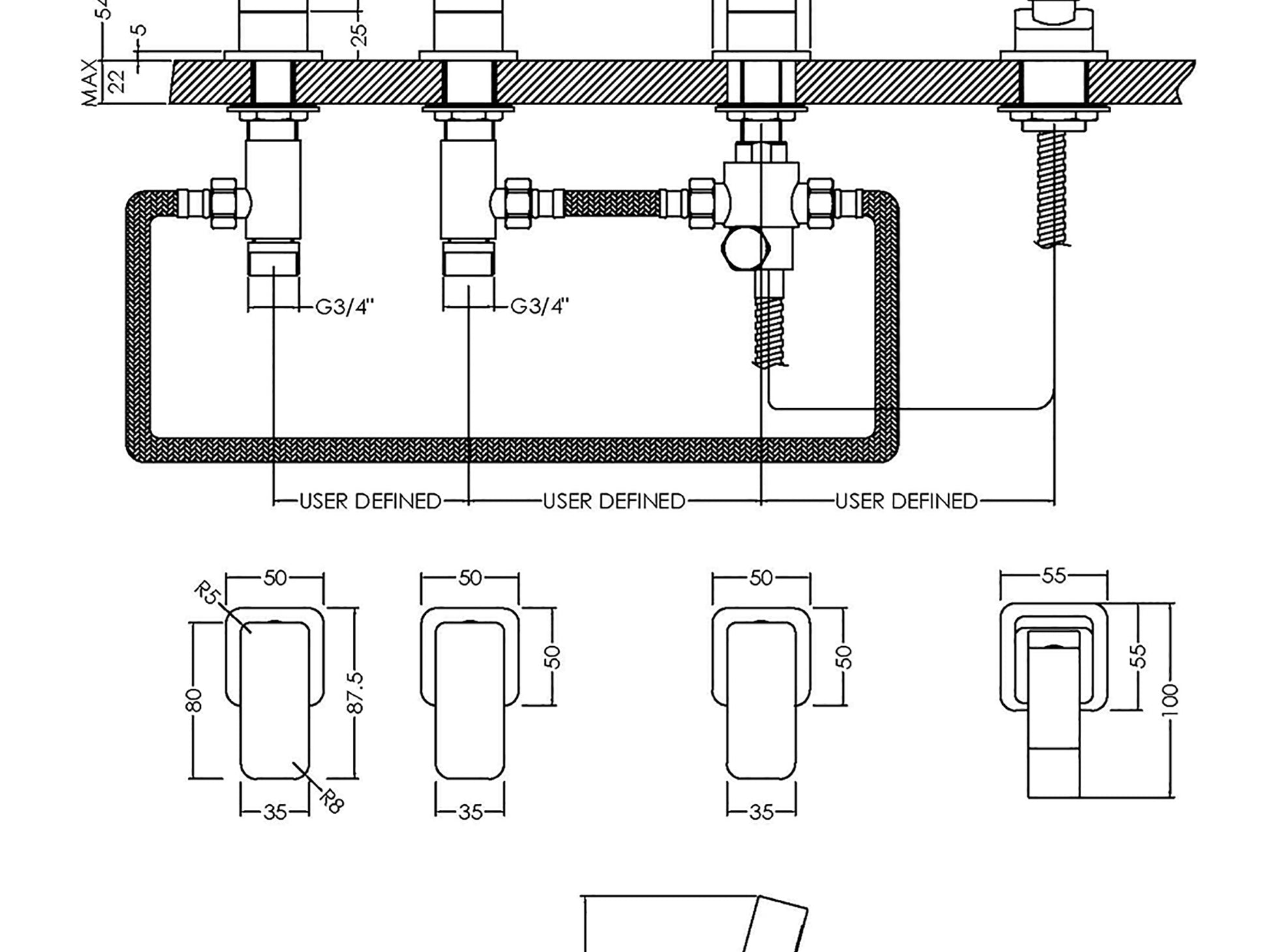 drawing of Windon 4 tap hole bath mixer installed in modern bathroom