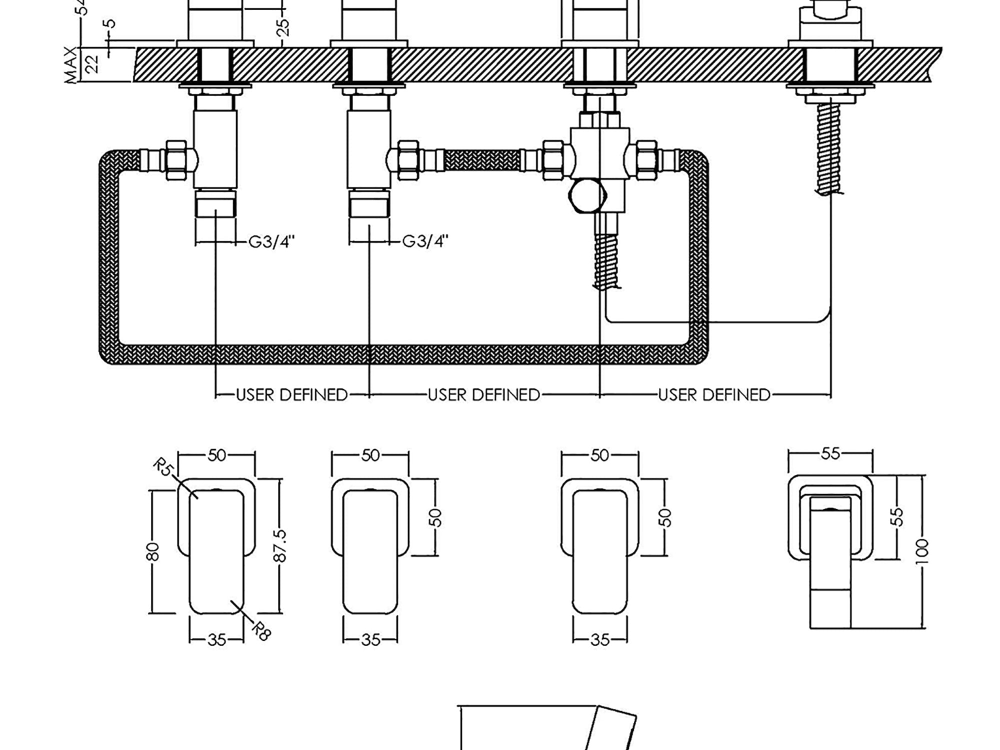 drawing of Windon 4 tap hole bath mixer installed in modern bathroom