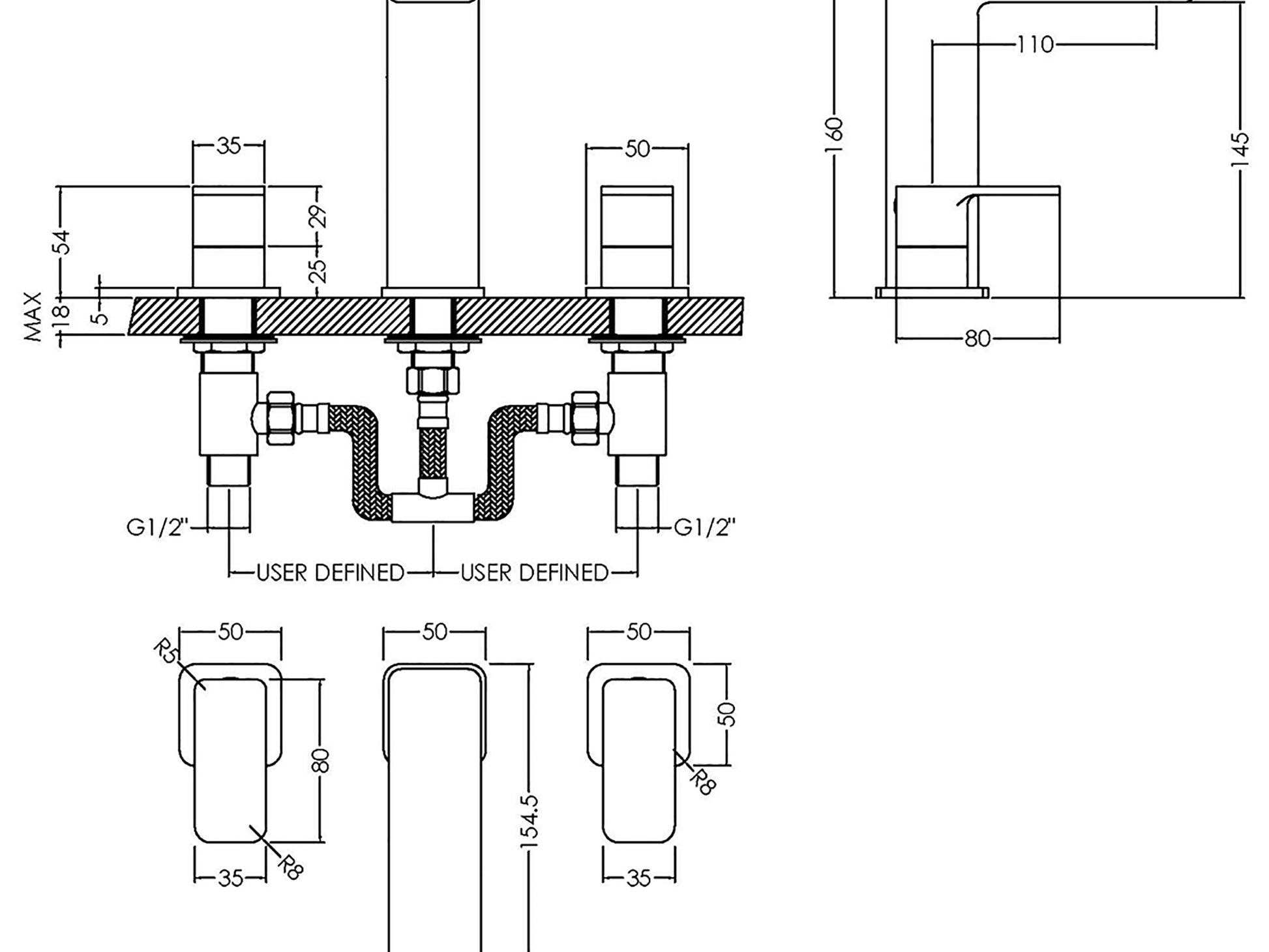 Technical Drawing of Chrome Deck Mounted 3 Tap Hole Basin Mixer