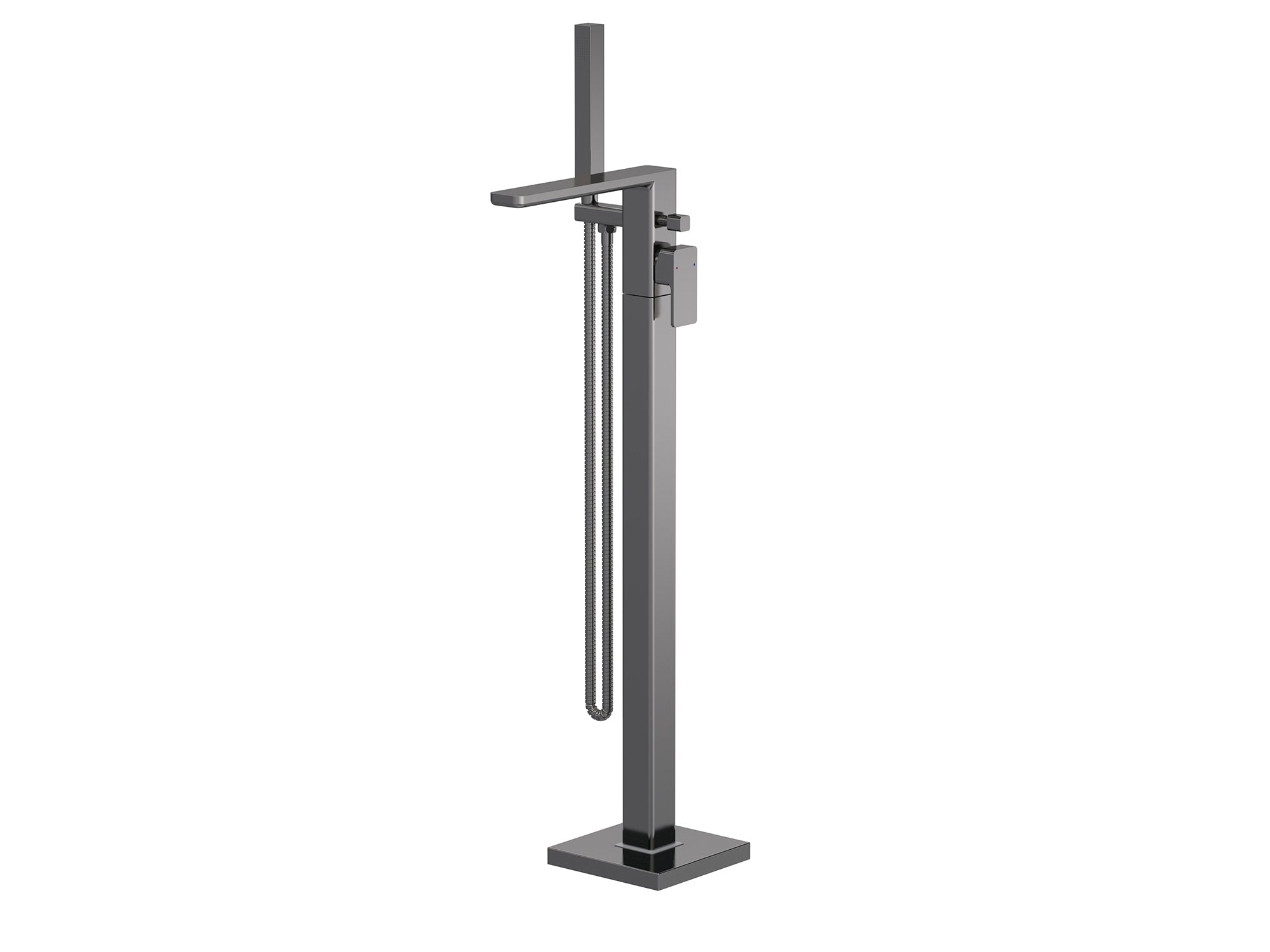Brushed pewter Windon freestanding bath mixer beside modern tub