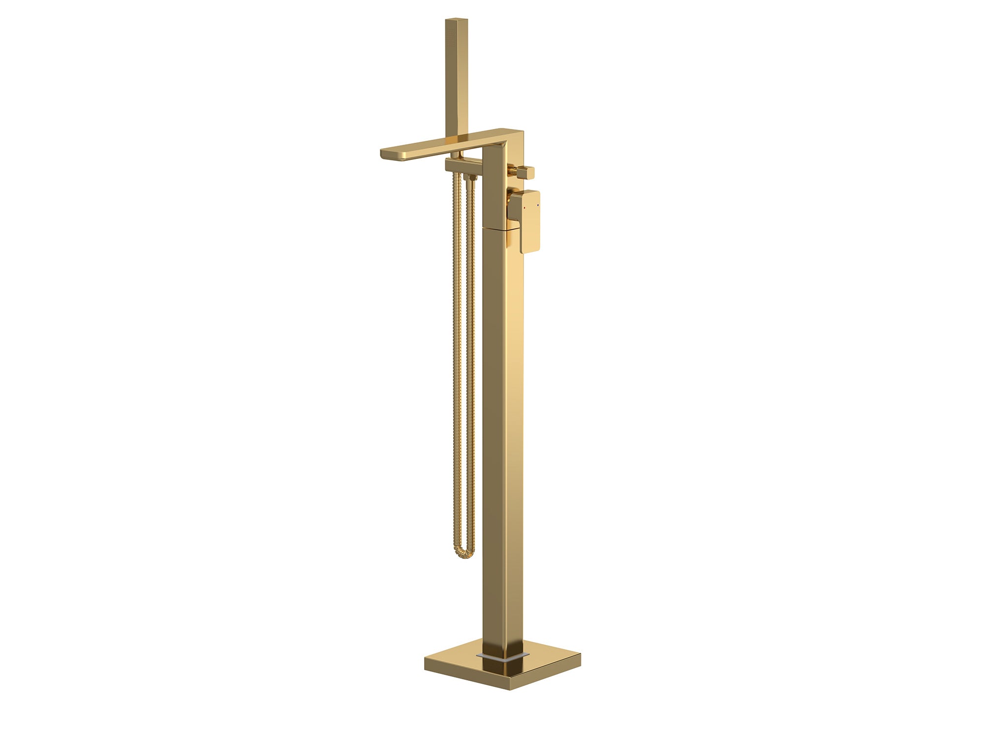 Brushed brass Windon freestanding bath mixer next to tub