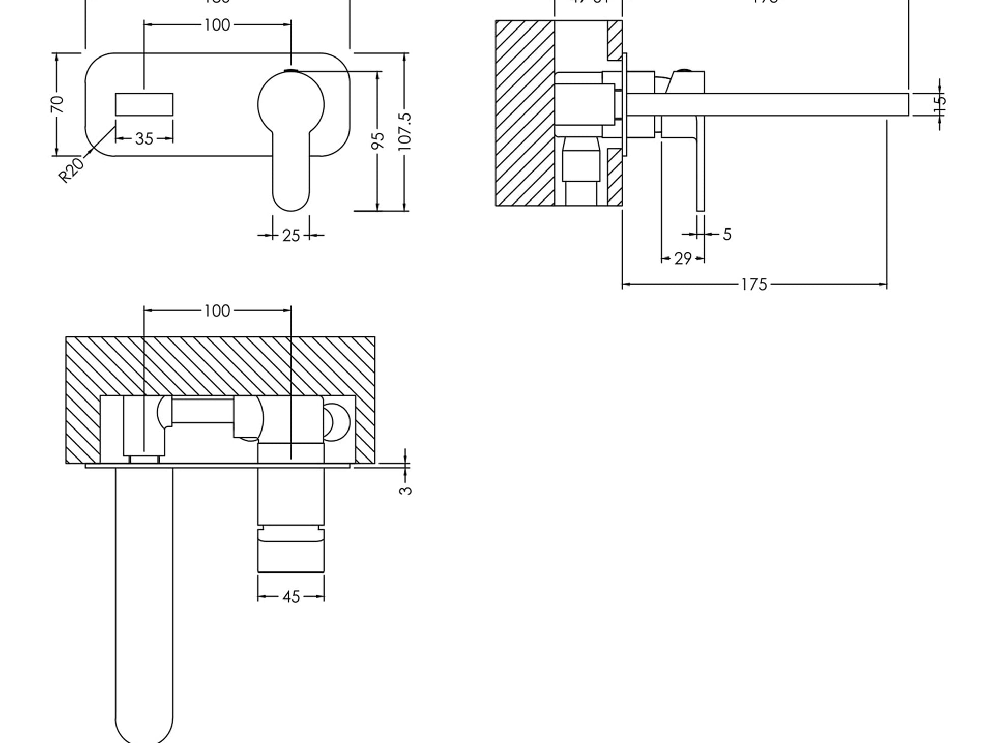 Technical drawing of a Brushed Brass Basin Mixer Tap