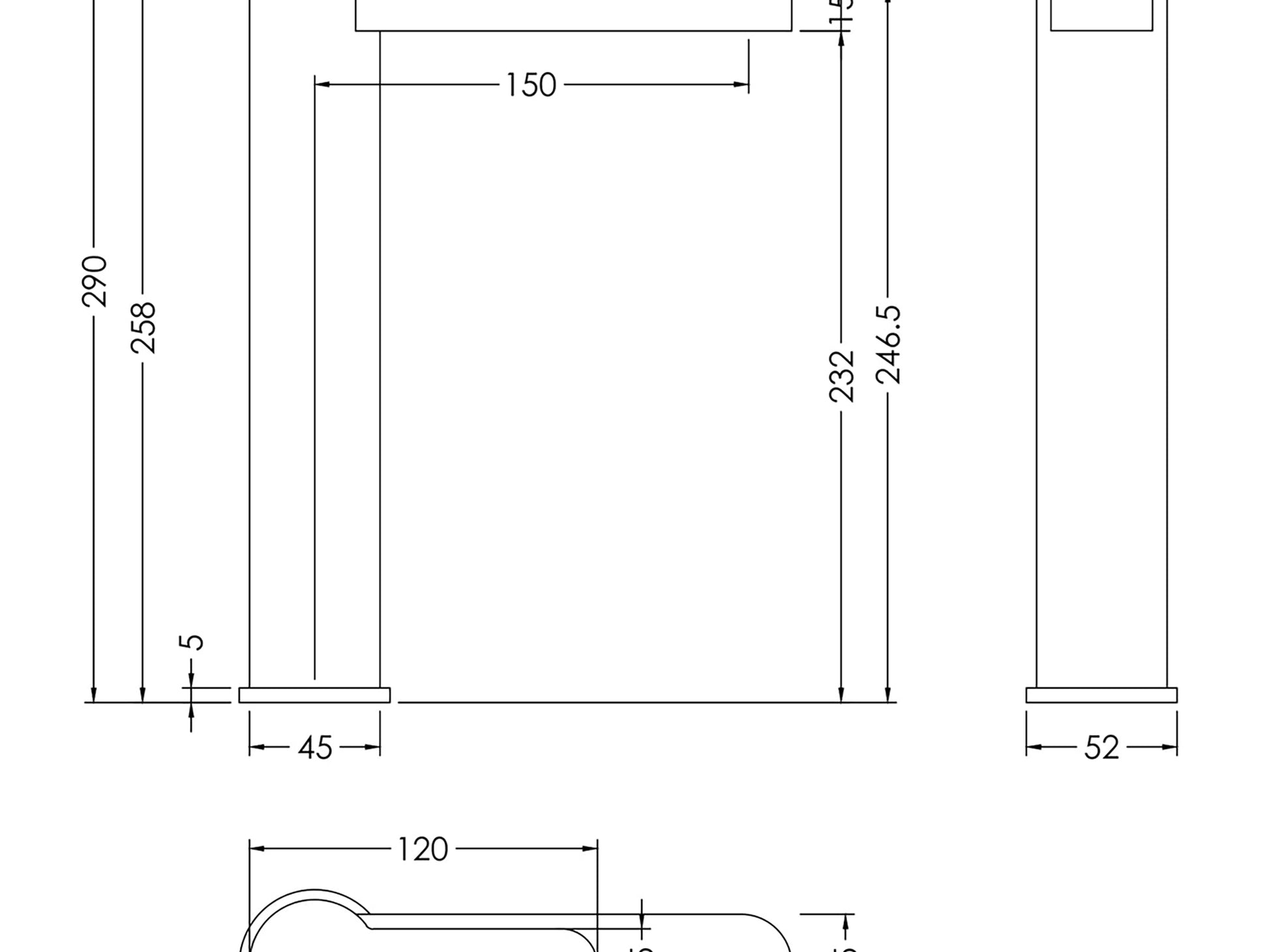 Dimensional diagram of Nuie Windon tall tap installed with a countertop vessel sink