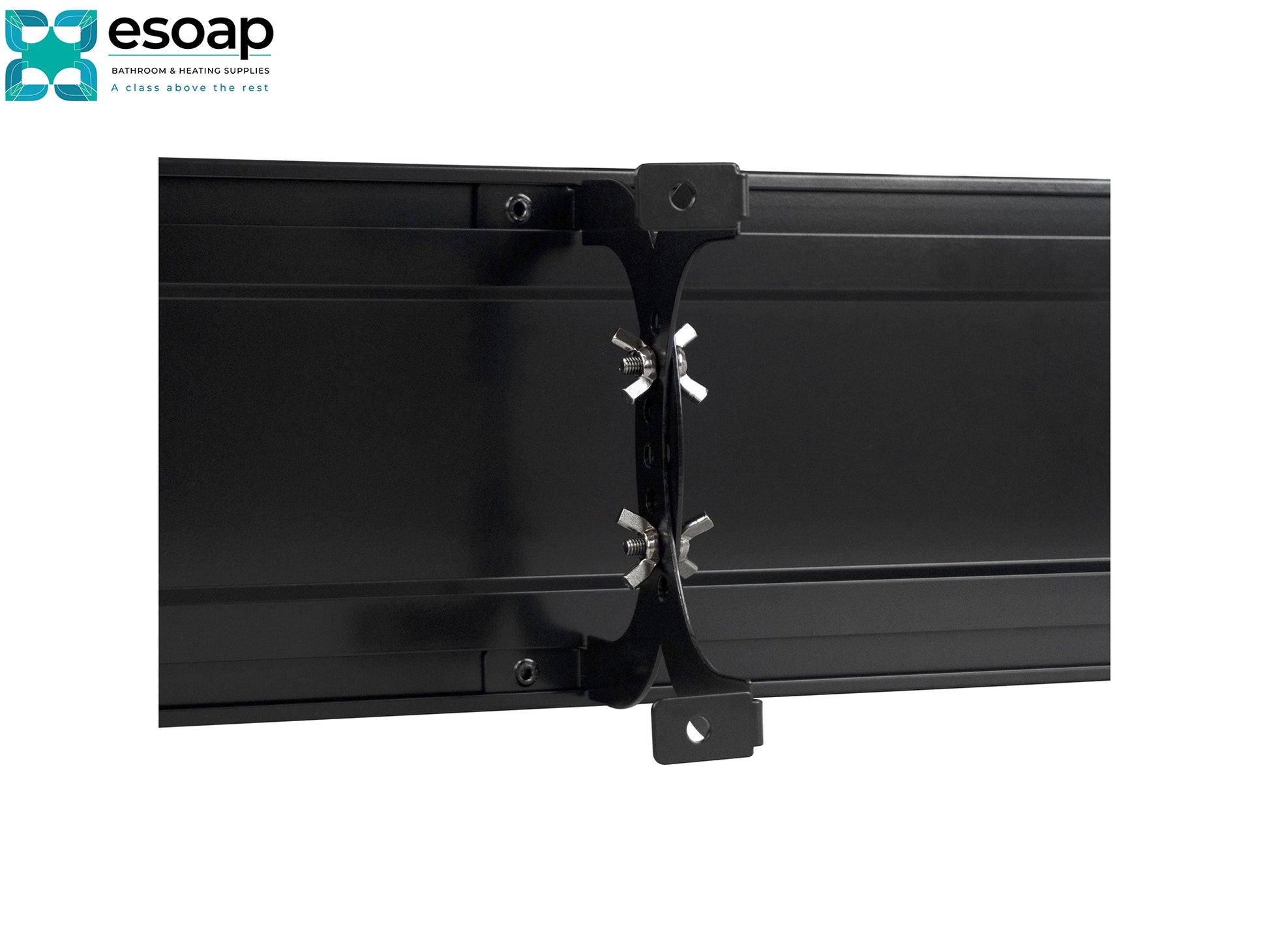 Black metal bracket for 1.2kW Zenos Infrared Bar Heater Black with Wi-Fi on a white background with 'esoap' branding.