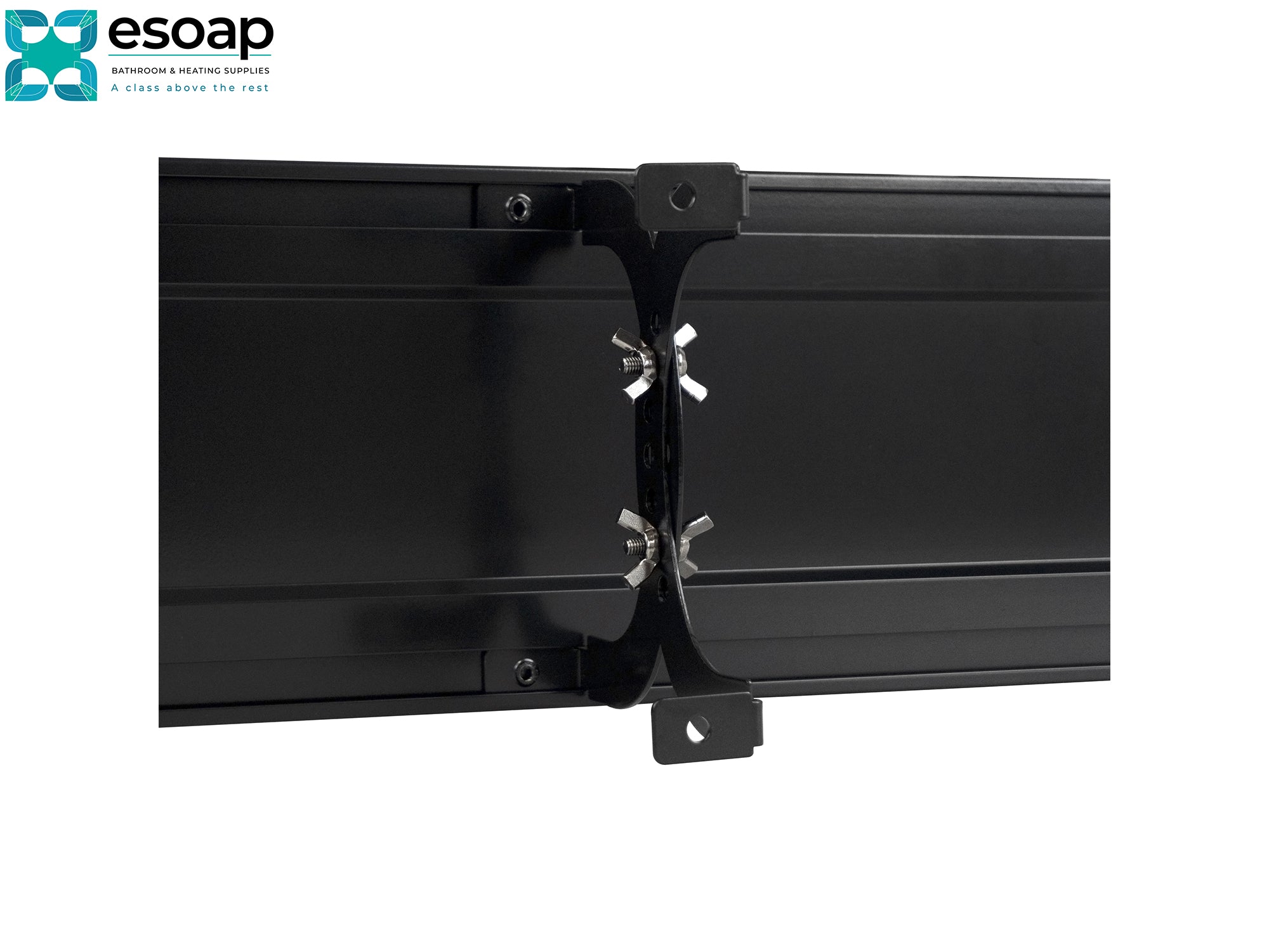 Black metal bracket for 1.2kW Zenos Infrared Bar Heater Black with Wi-Fi on a white background with 'esoap' branding.