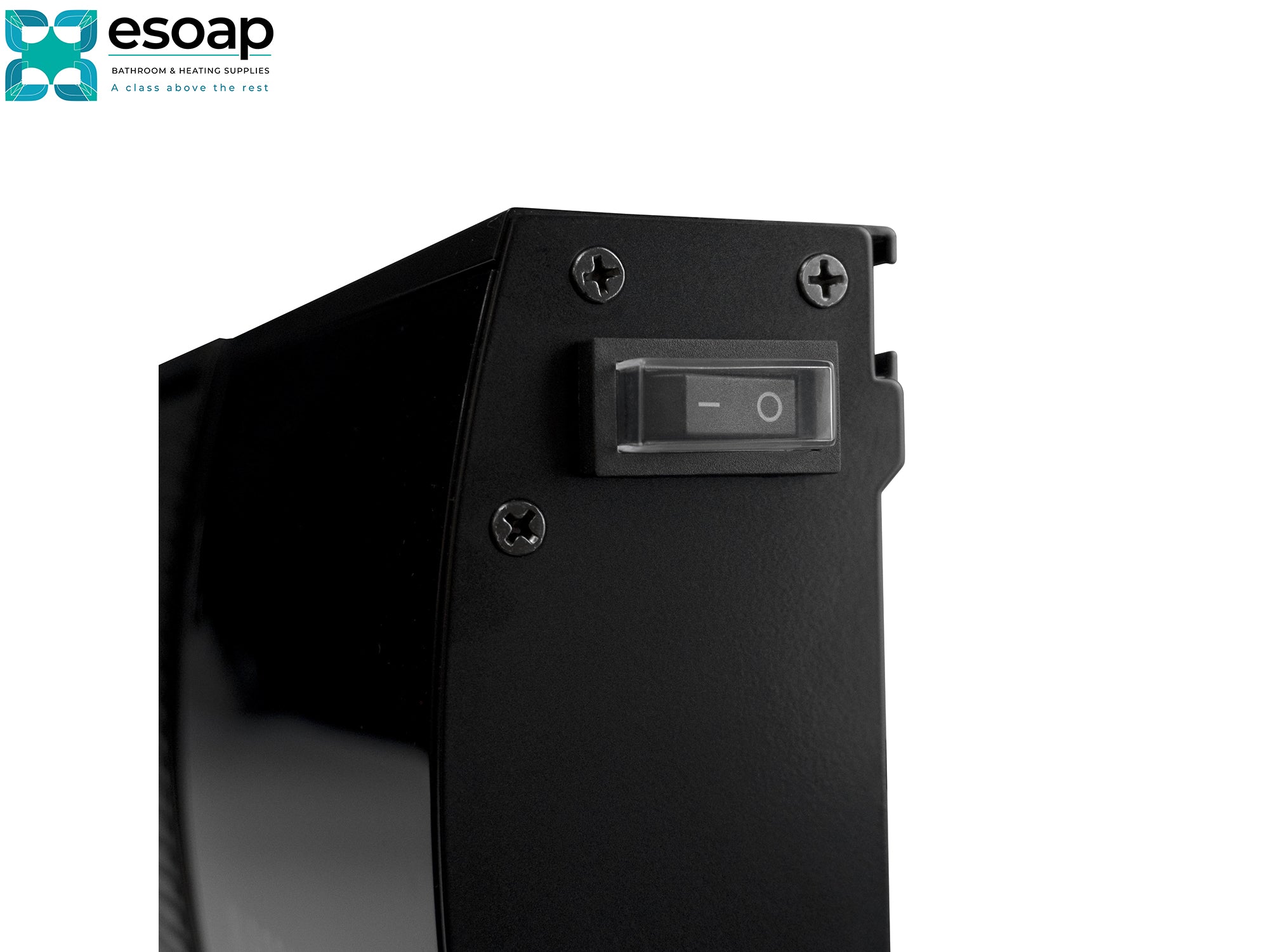 1.2kW Zenos Infrared Bar Heater Black with Wi-Fi with a power switch on a white background, featuring the Esoap logo.