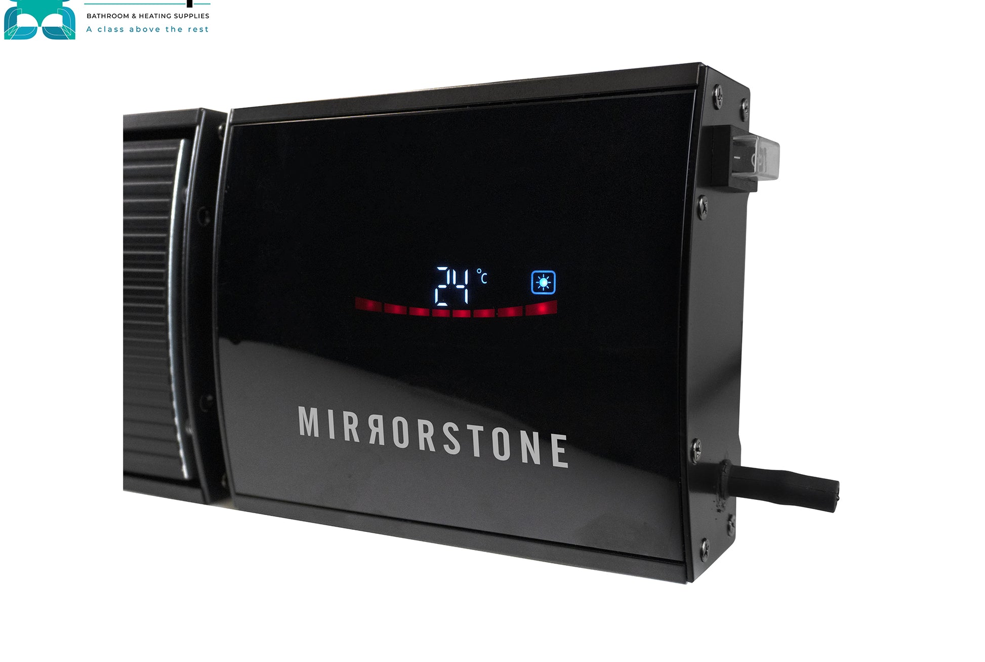 1.2kW Zenos Infrared Bar Heater Black with Wi-Fi with digital display and 'Esoap' branding on a white background