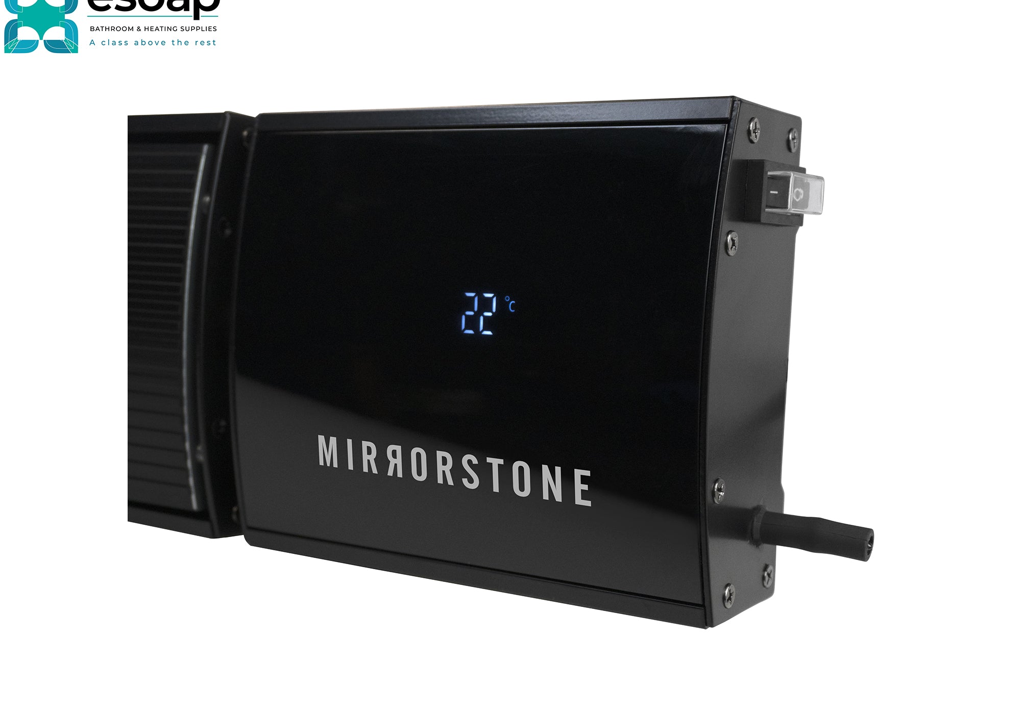 1.2kW Zenos Infrared Bar Heater Black with Wi-Fi with digital display of 22 and 'esoap' branding on a white background