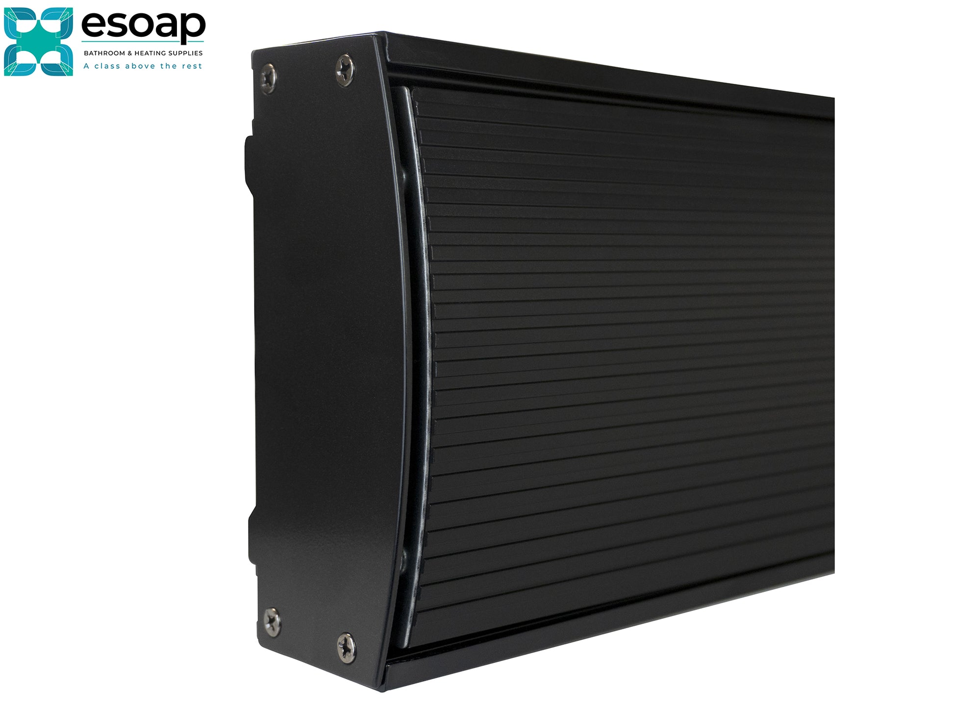 1.2kW Zenos Infrared Bar Heater Black with Wi-Fi with a ribbed surface on a white background, featuring the Esoap logo.