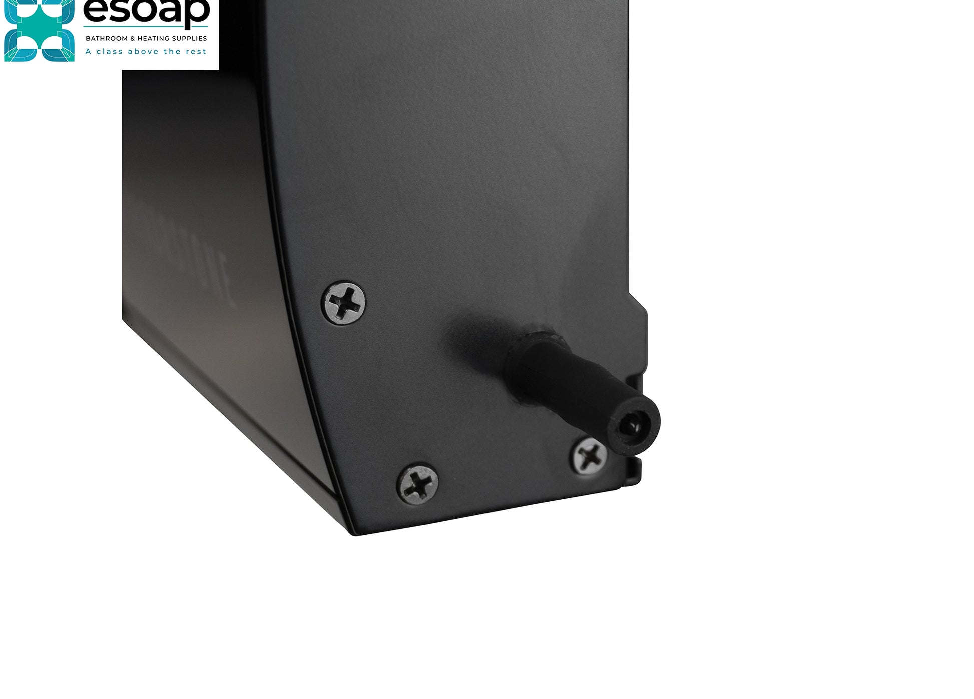 1.2kW Zenos Infrared Bar Heater Black with Wi-Fi with a mounting screw bracket on a white background, featuring the Esoap logo.