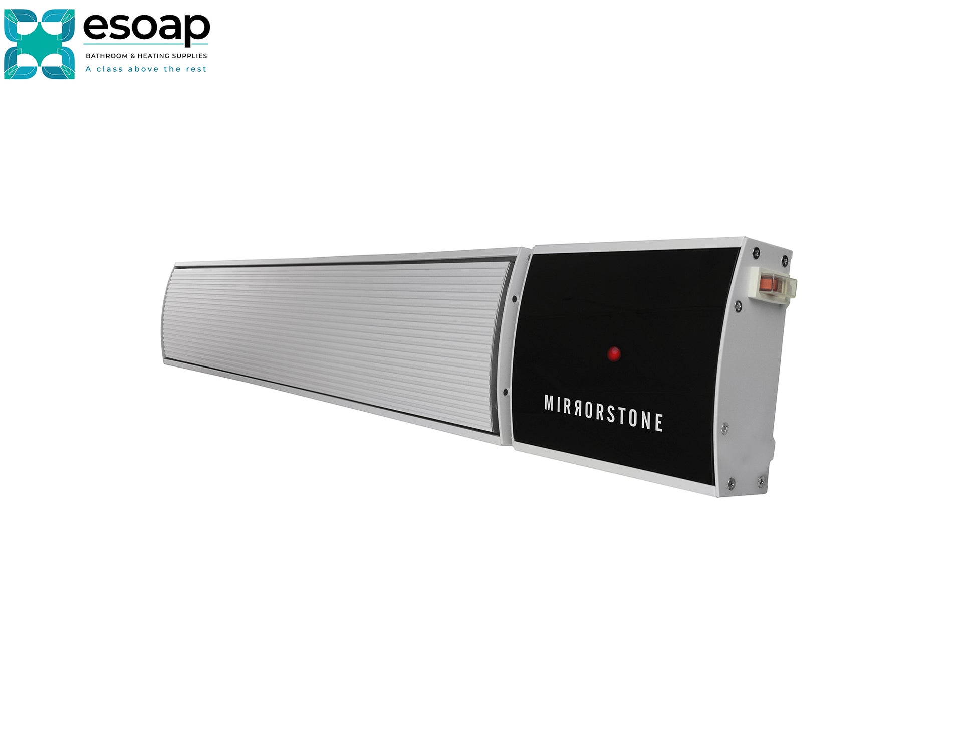 1.8kW Zenos Infrared Bar Heater White with 'Mirrorstone' branding on a white background, featuring the Esoap logo.