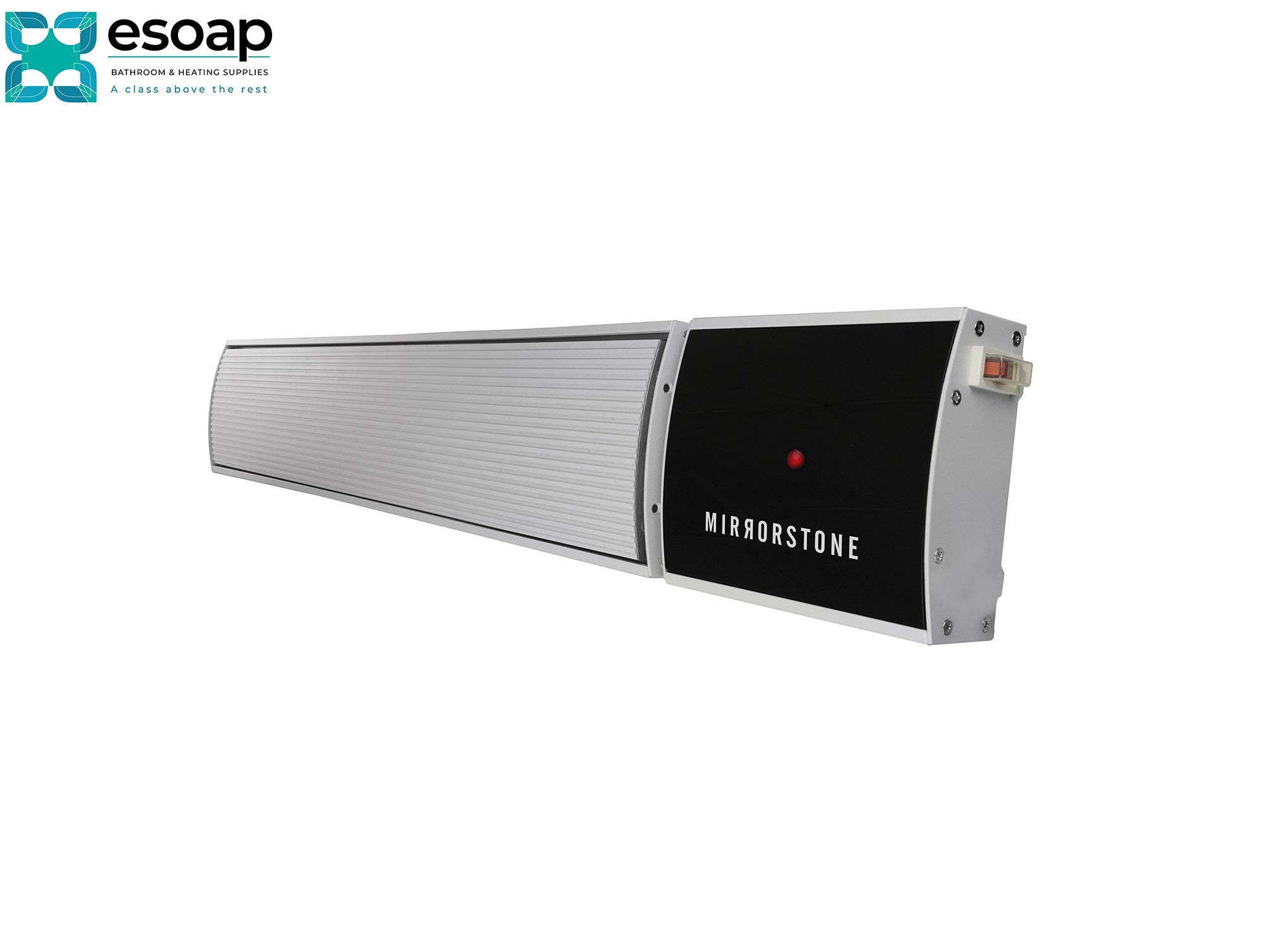 1.8kW Zenos Infrared Bar Heater White with 'Mirrorstone' branding on a white background, featuring the Esoap logo.