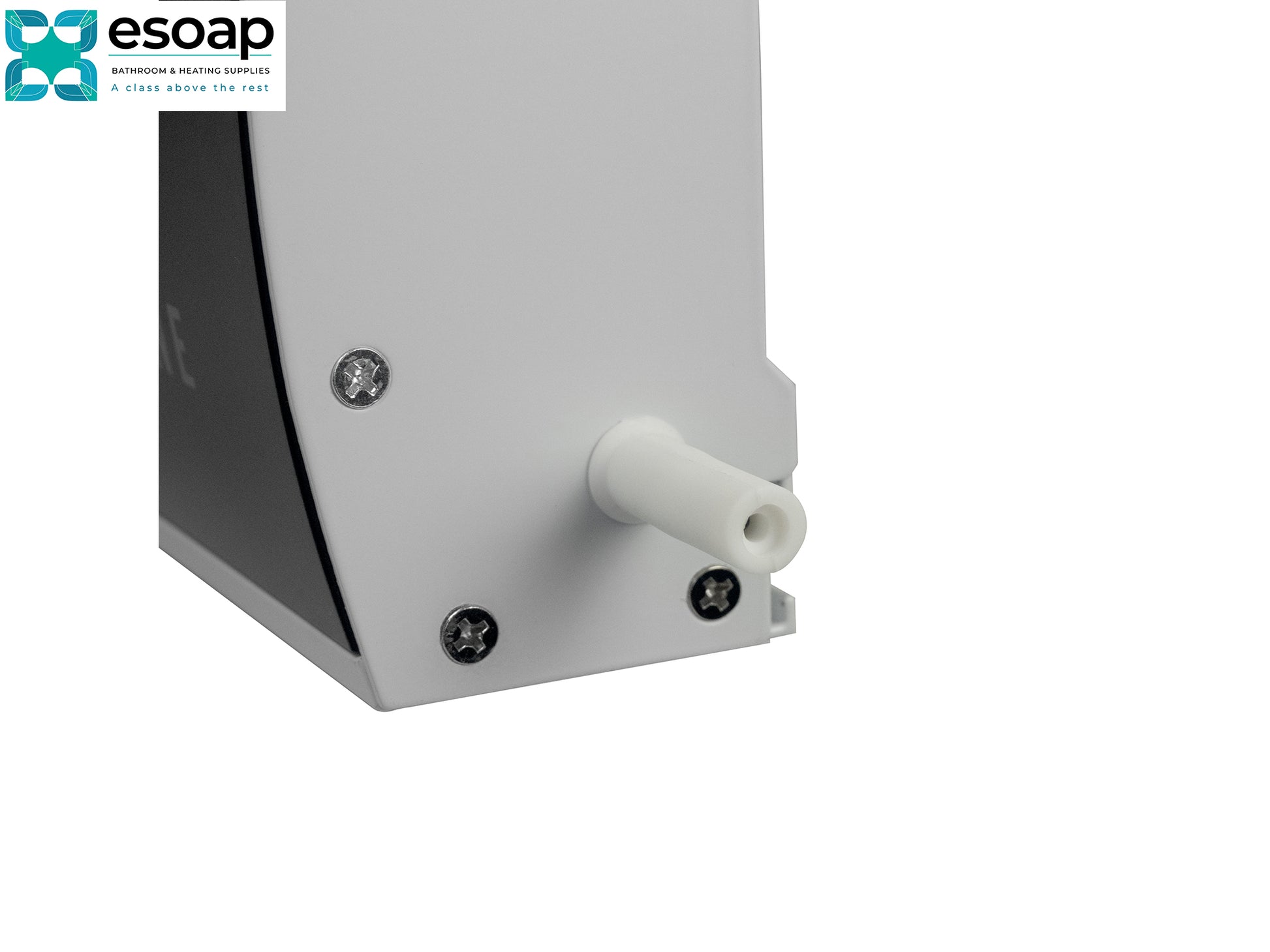 Close-up of a metallic device with a white background, featuring the Esoap logo for 2.4kW Zenos infrared Bar Heater White With Wi-Fi