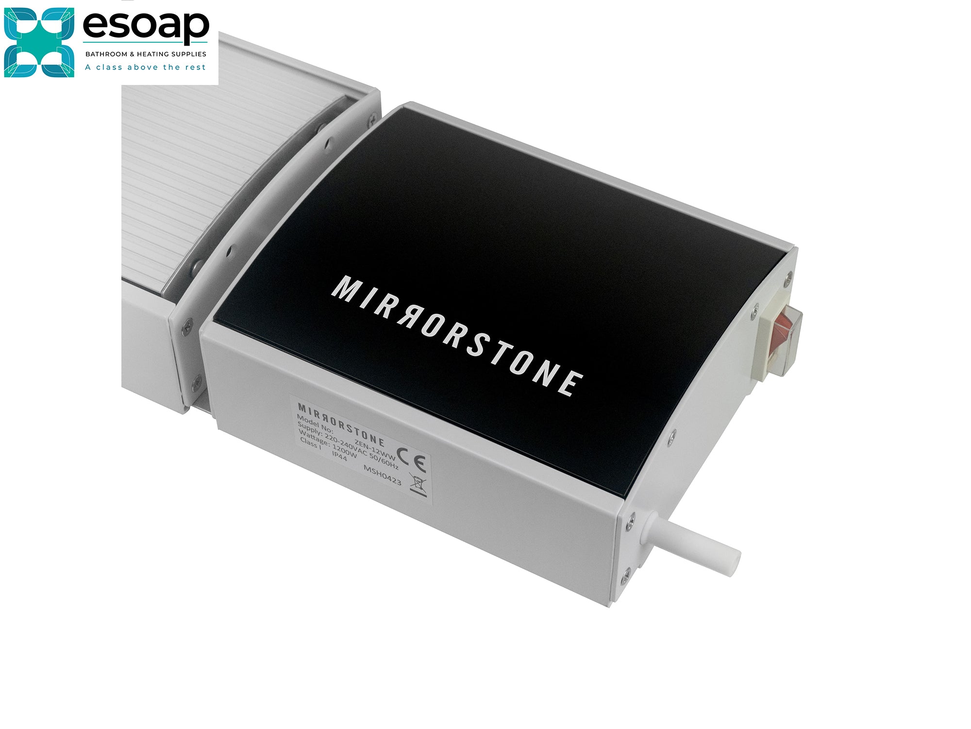 2.4kW Zenos infrared Bar Heater White With Wi-Fi on a white background with Esoap logo.