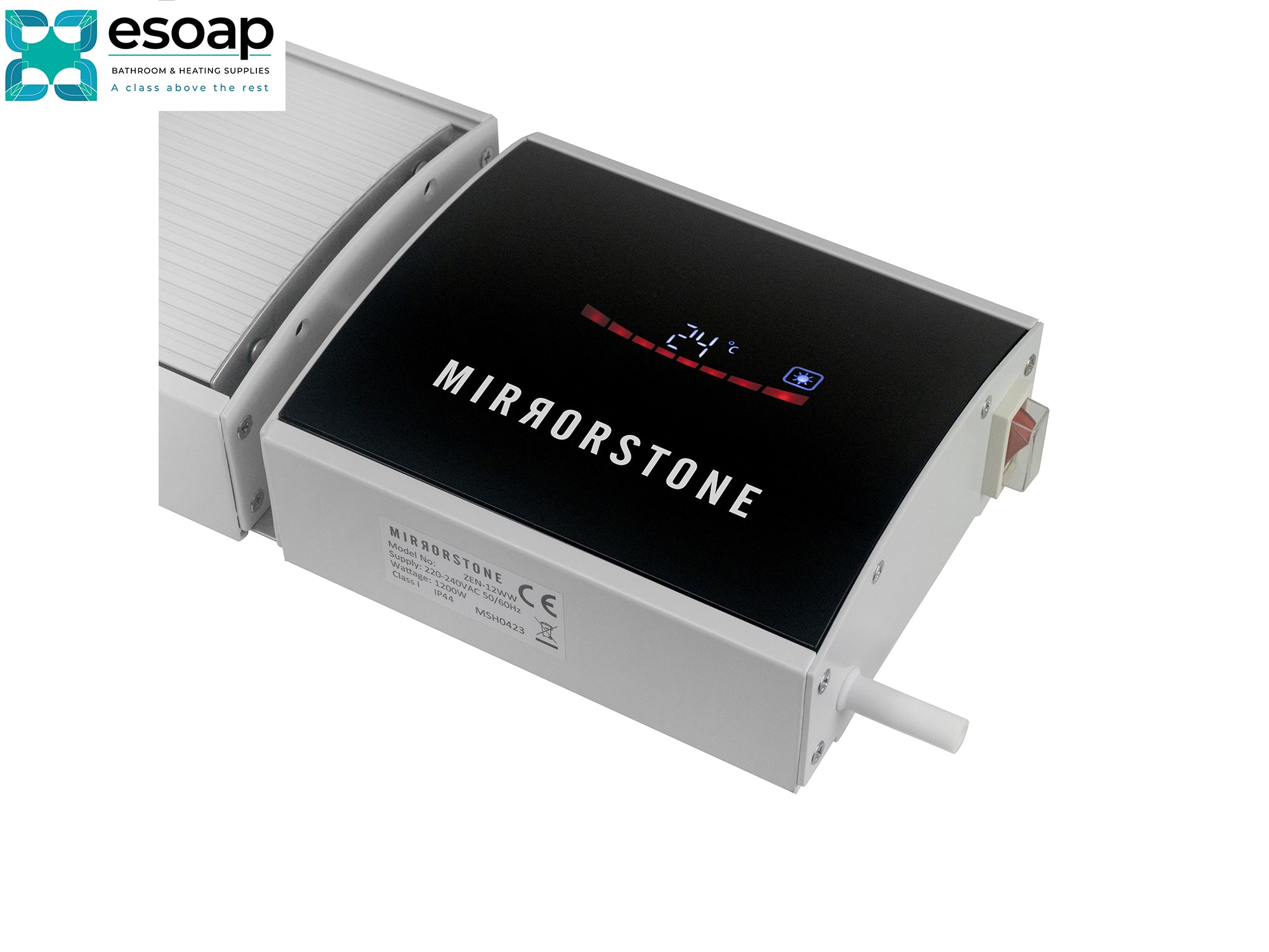 Mirrorstone 2.4kW Zenos infrared Bar Heater White With Wi-Fi with digital display on a white background