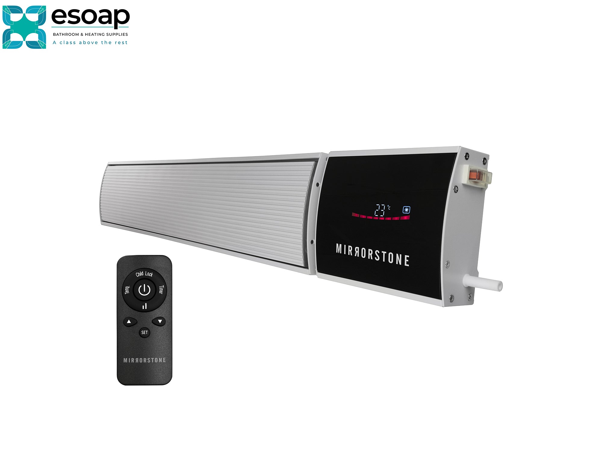 2.4kW Zenos infrared Bar Heater White With Wi-Fi with digital display and remote control on a white background, featuring the Mirrorstone brand.