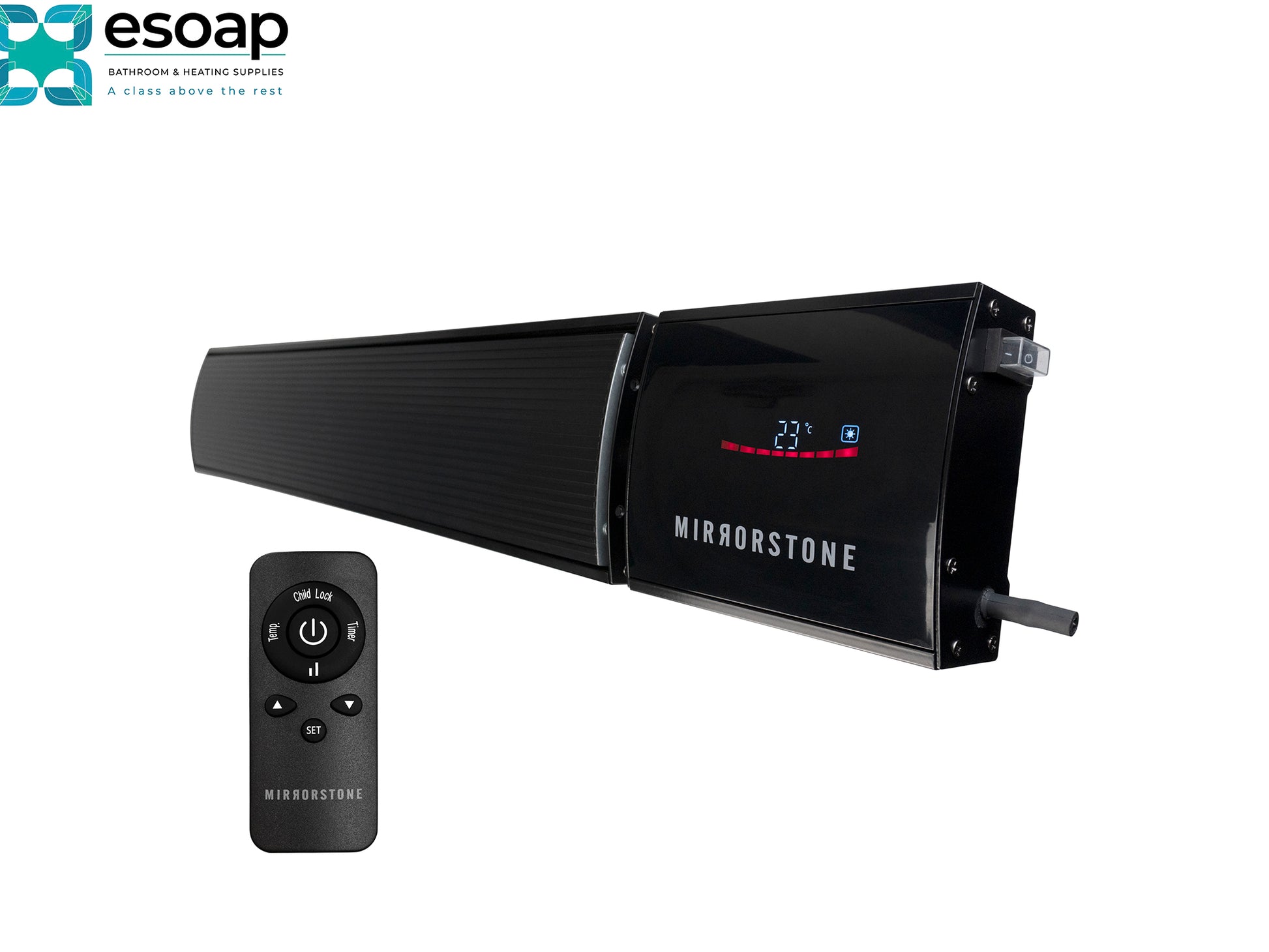 1.2kW Zenos Infrared Bar Heater Black with Wi-Fi with digital display and remote control on a white background, featuring the Esoap brand.